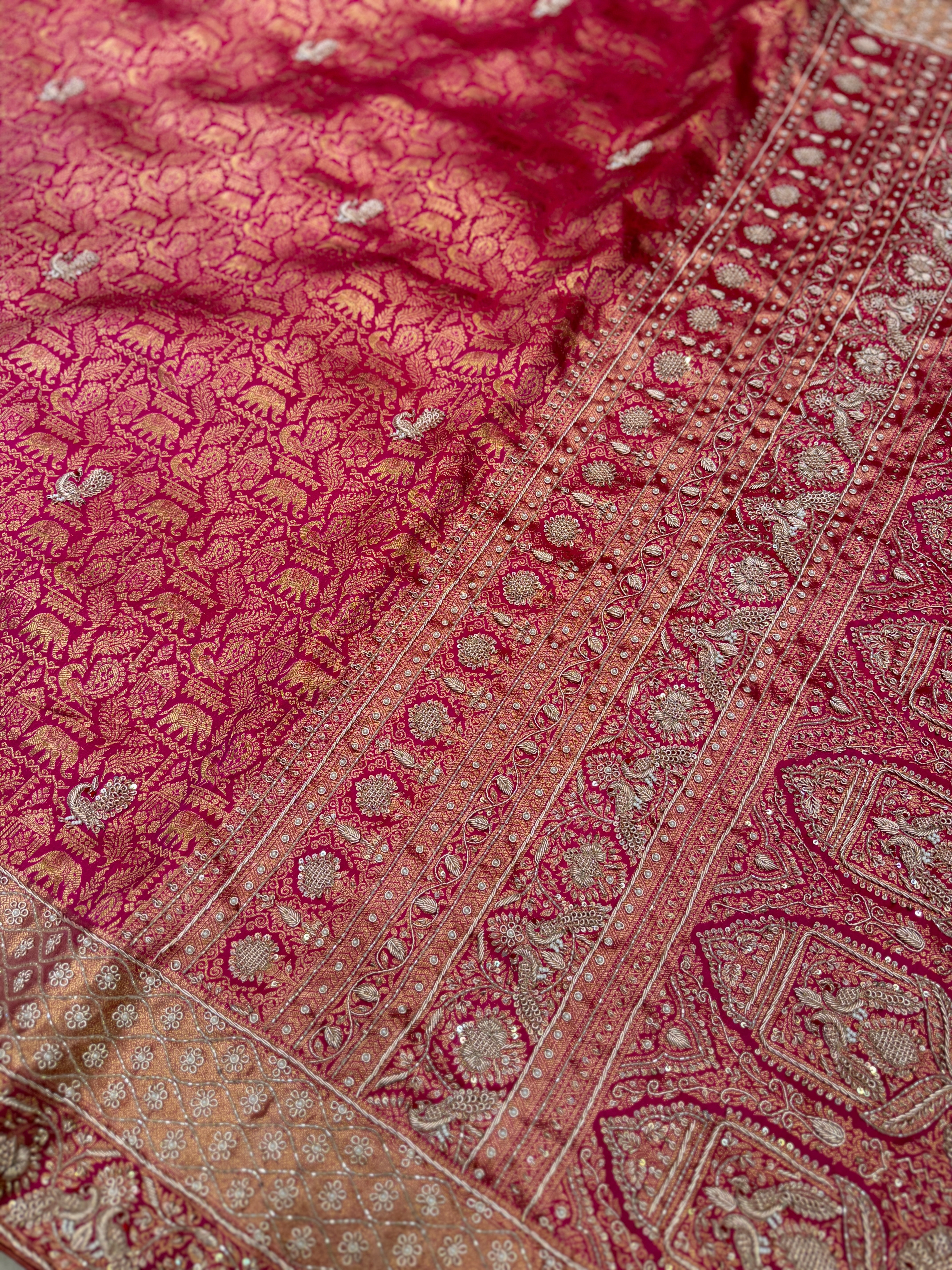Rani Pink Kanjivaram Peacock Motifs Zardosi Hand Embroidery Saree