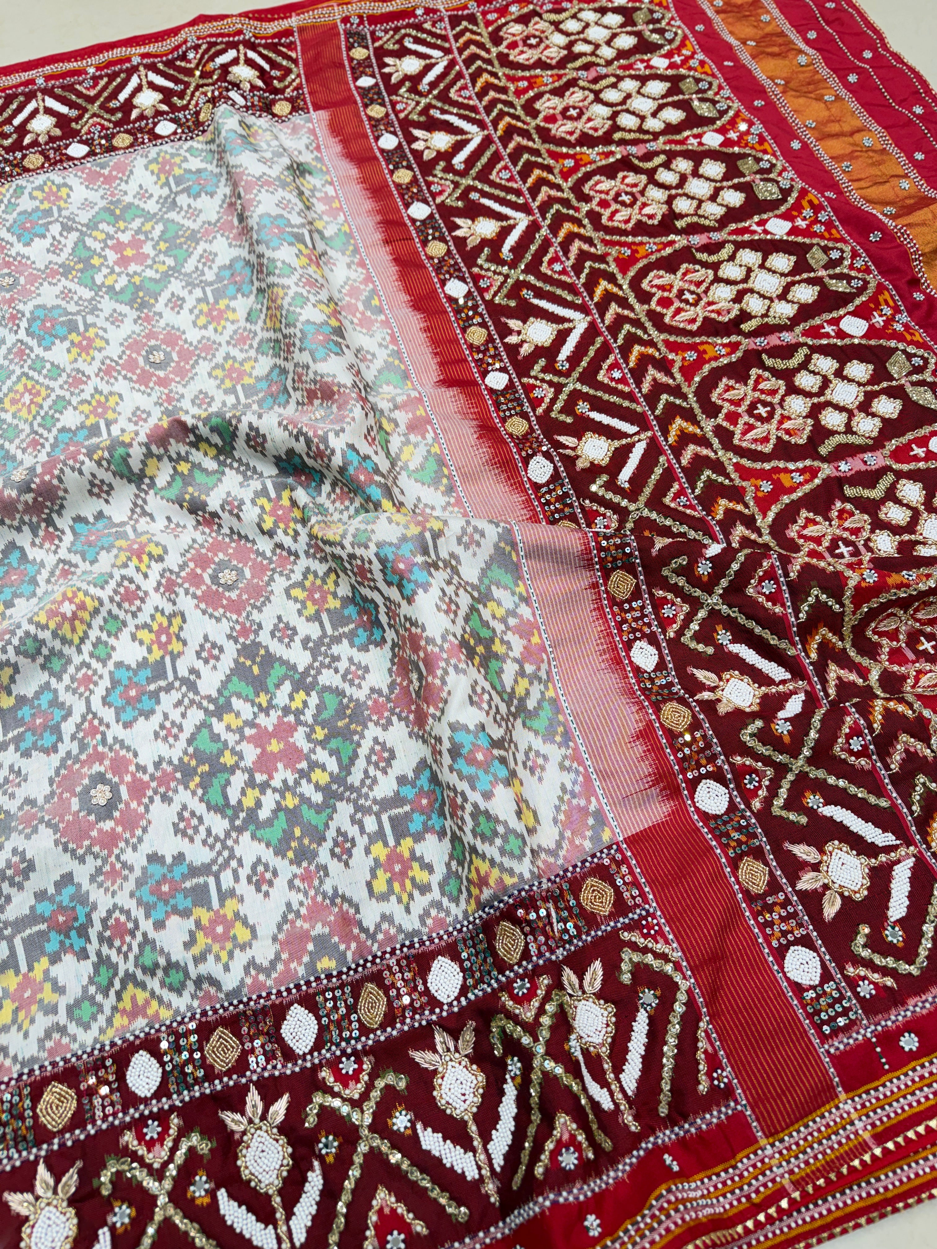 White Red Heavy Blouse Patan Patola Hand Embroidery Kidiya Moti Zardosi Saree