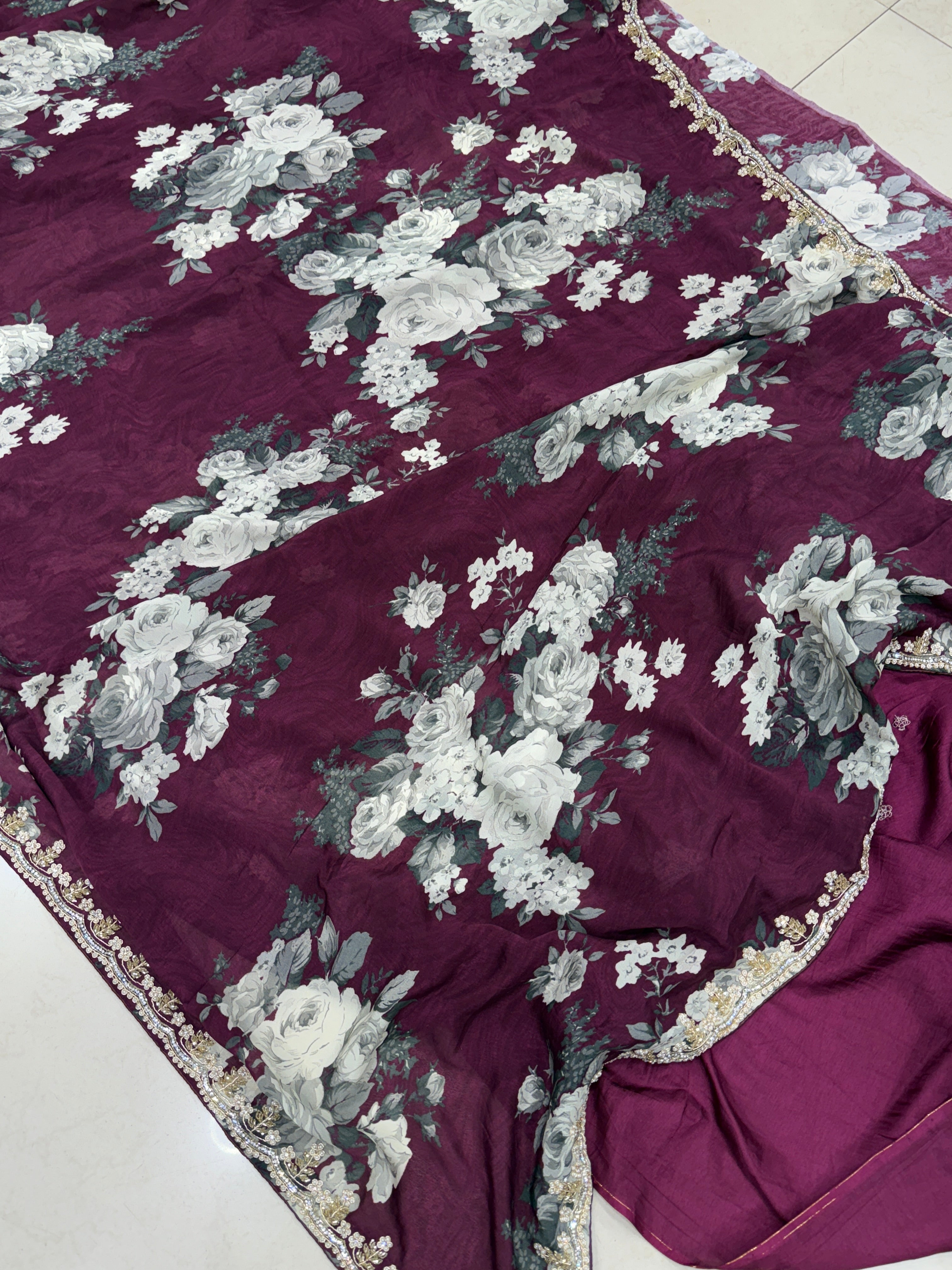 Wine Printed Chiffon Floral Embroidered Saree