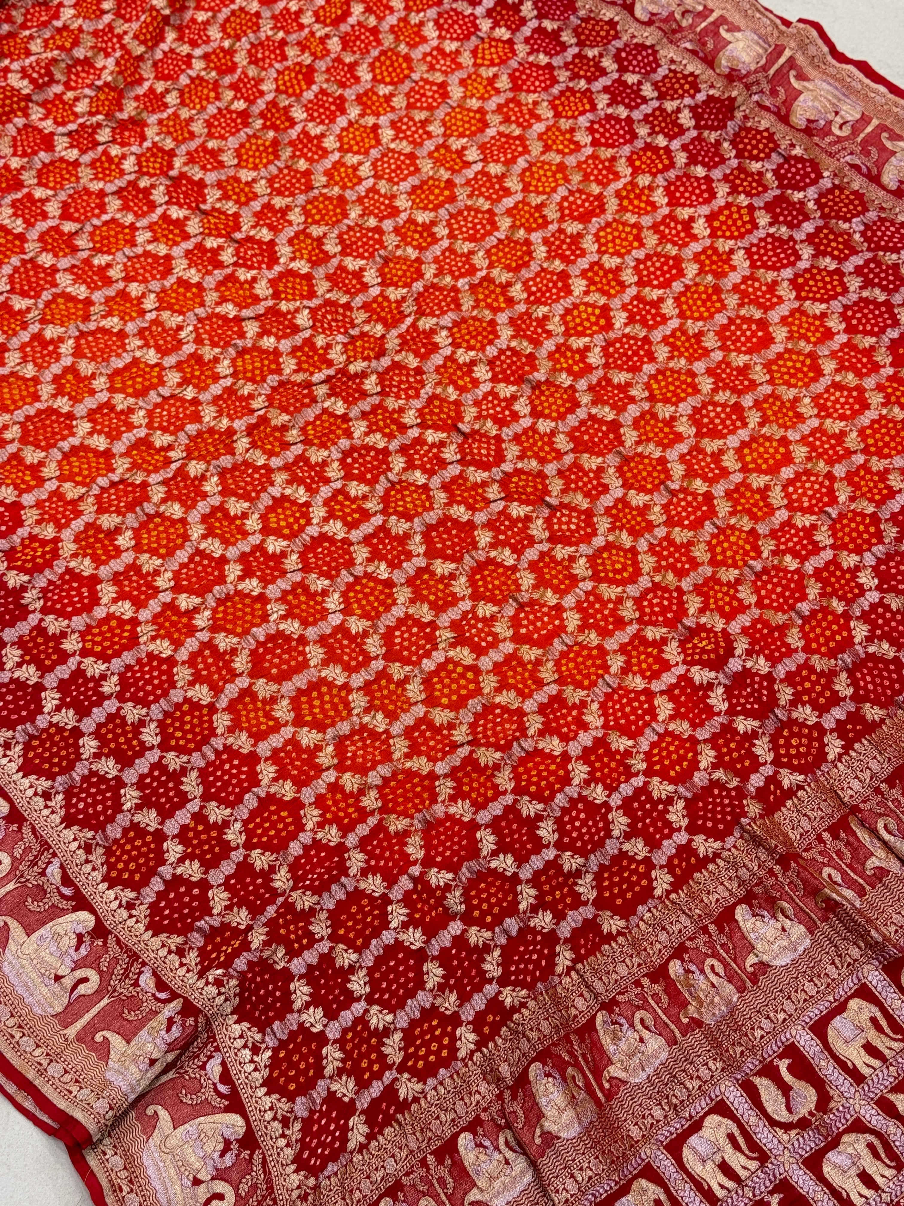 Orange Red Shaded Doli Border Sona Roopa Rai Bandhej Georgette Bandhini Saree