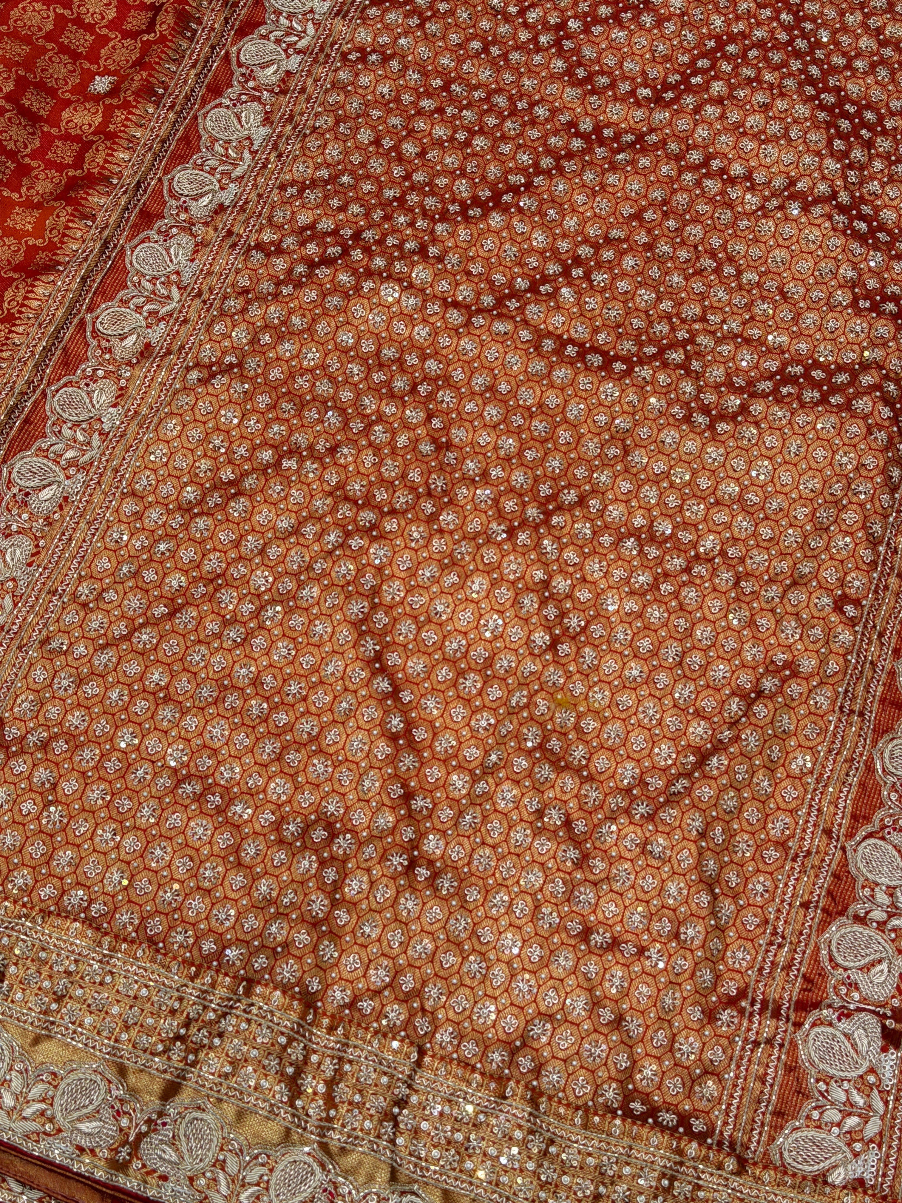Rust Orange Kanjivaram Peacock Motif Hand Embroidery Zardosi Saree