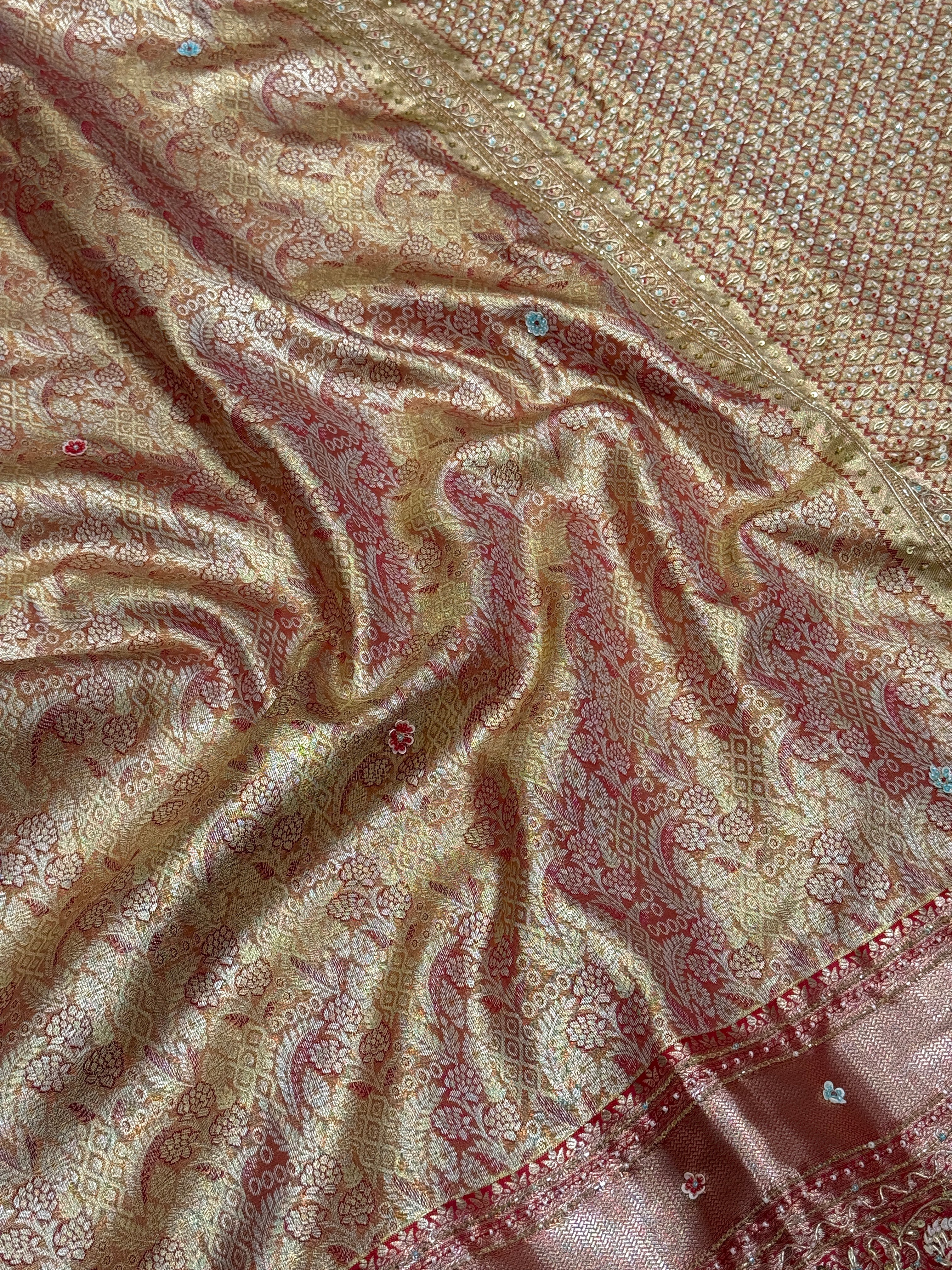 Golden Red Tissue Kanjivaram Hand Embroidery Saree