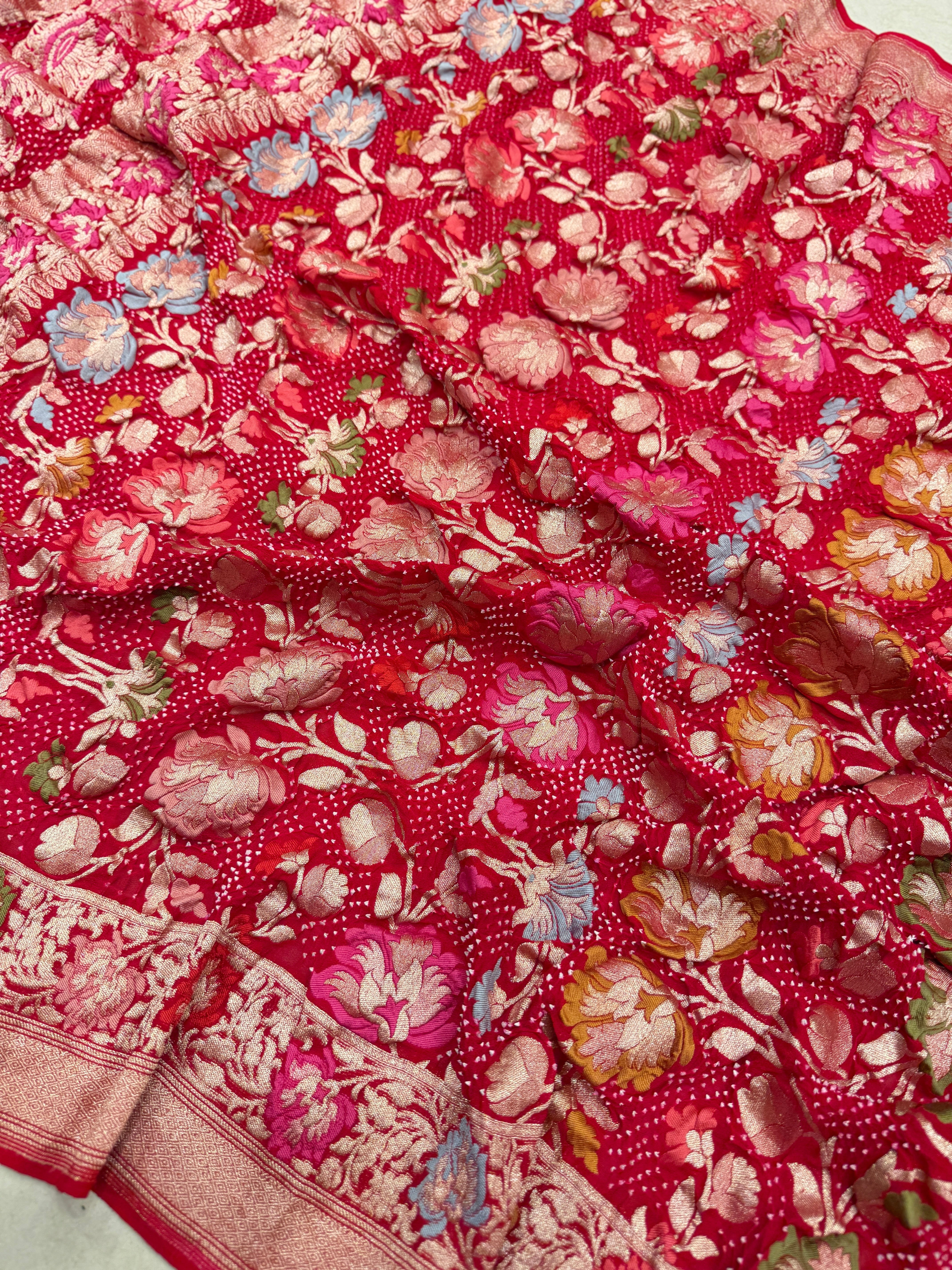Red Jaal Handloom Meenakari Rai Bandhej Pure Zari Dupatta
