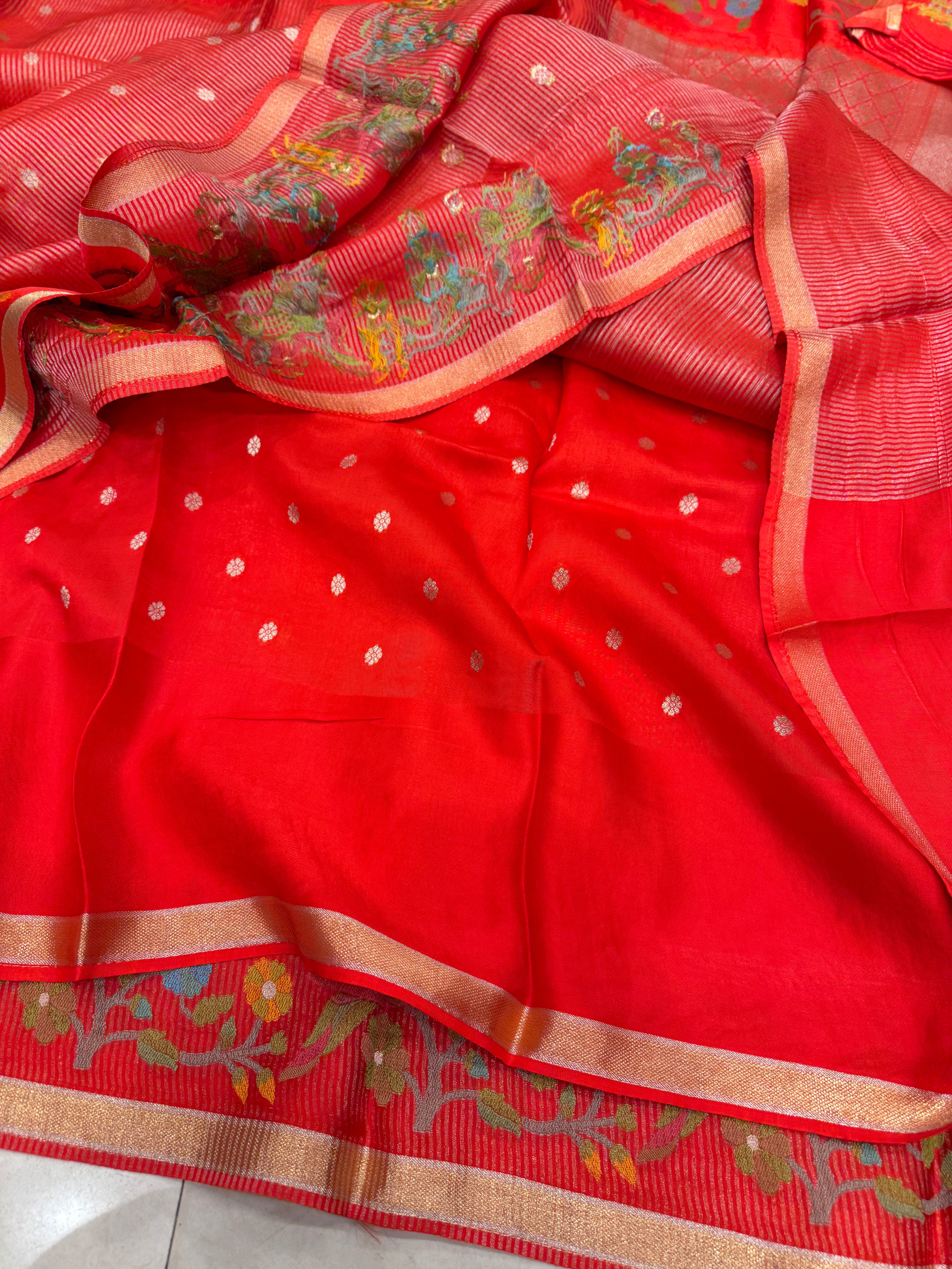 Red Contemporary Tissue Parsi Petit Point Weaved Saree