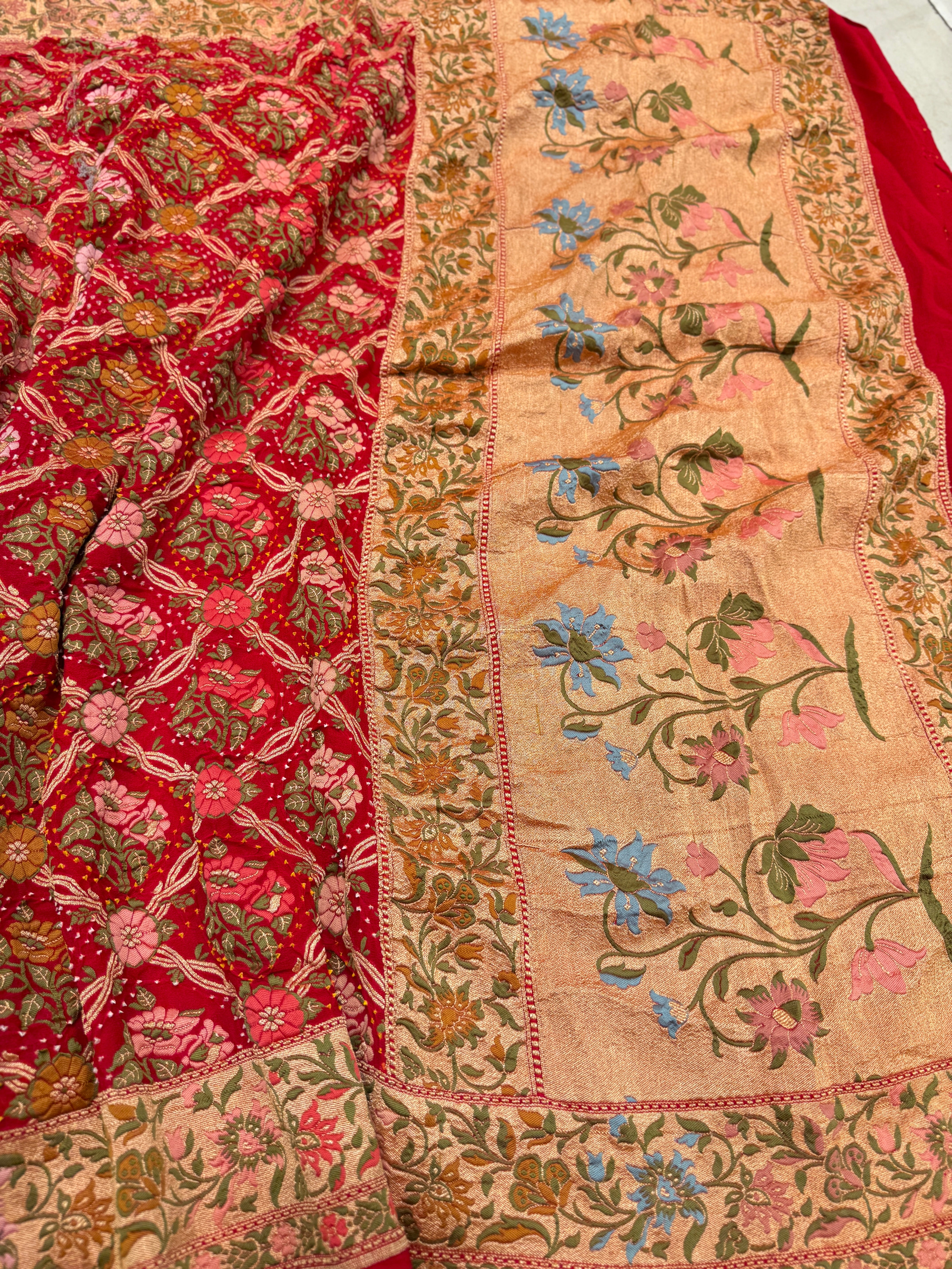 Red Floral Jaal Meenakari Rai Bandhej Georgette Bandhini Saree