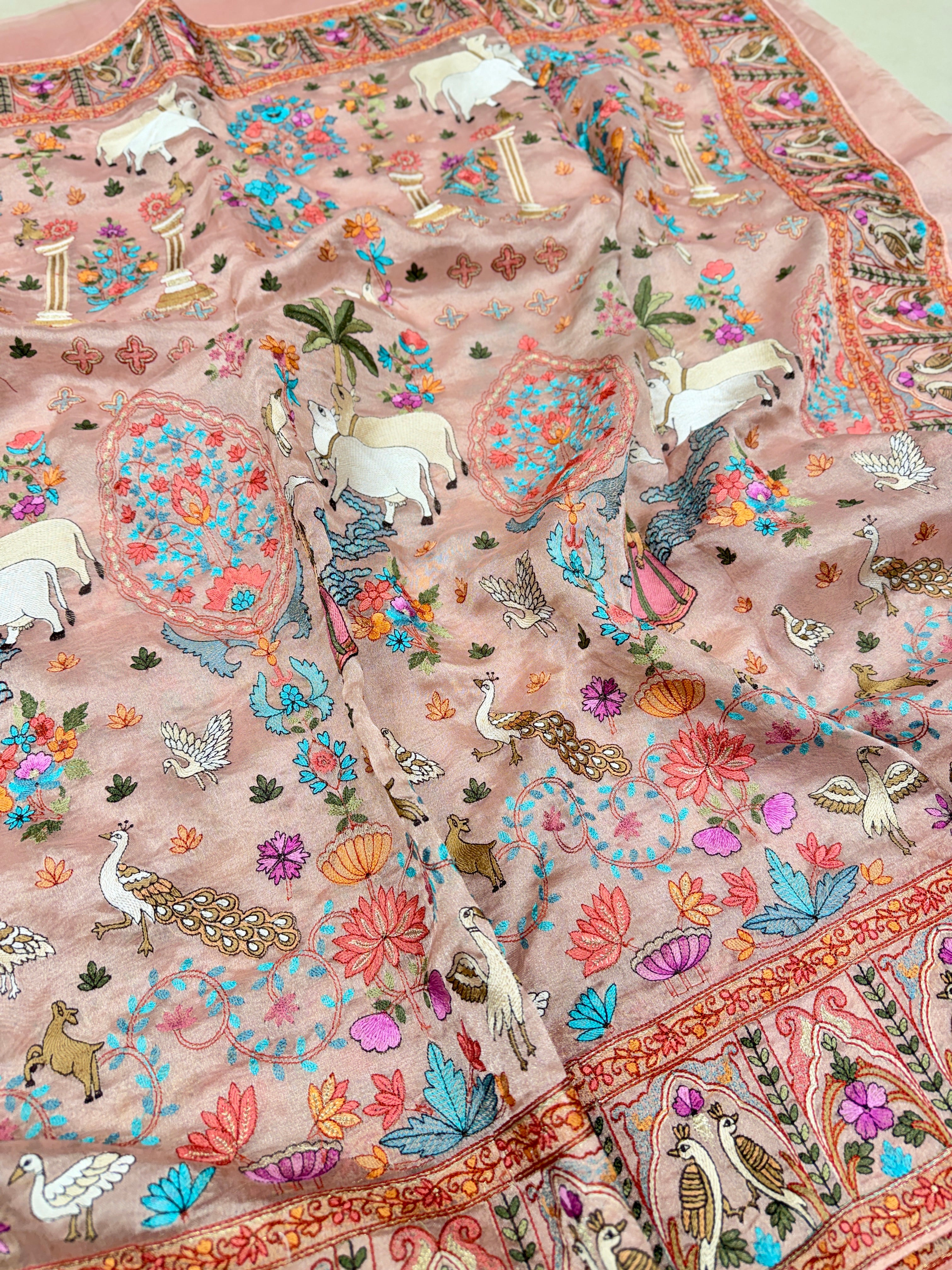 Pink Jamdani Style Embroidery Tissue Silk Saree