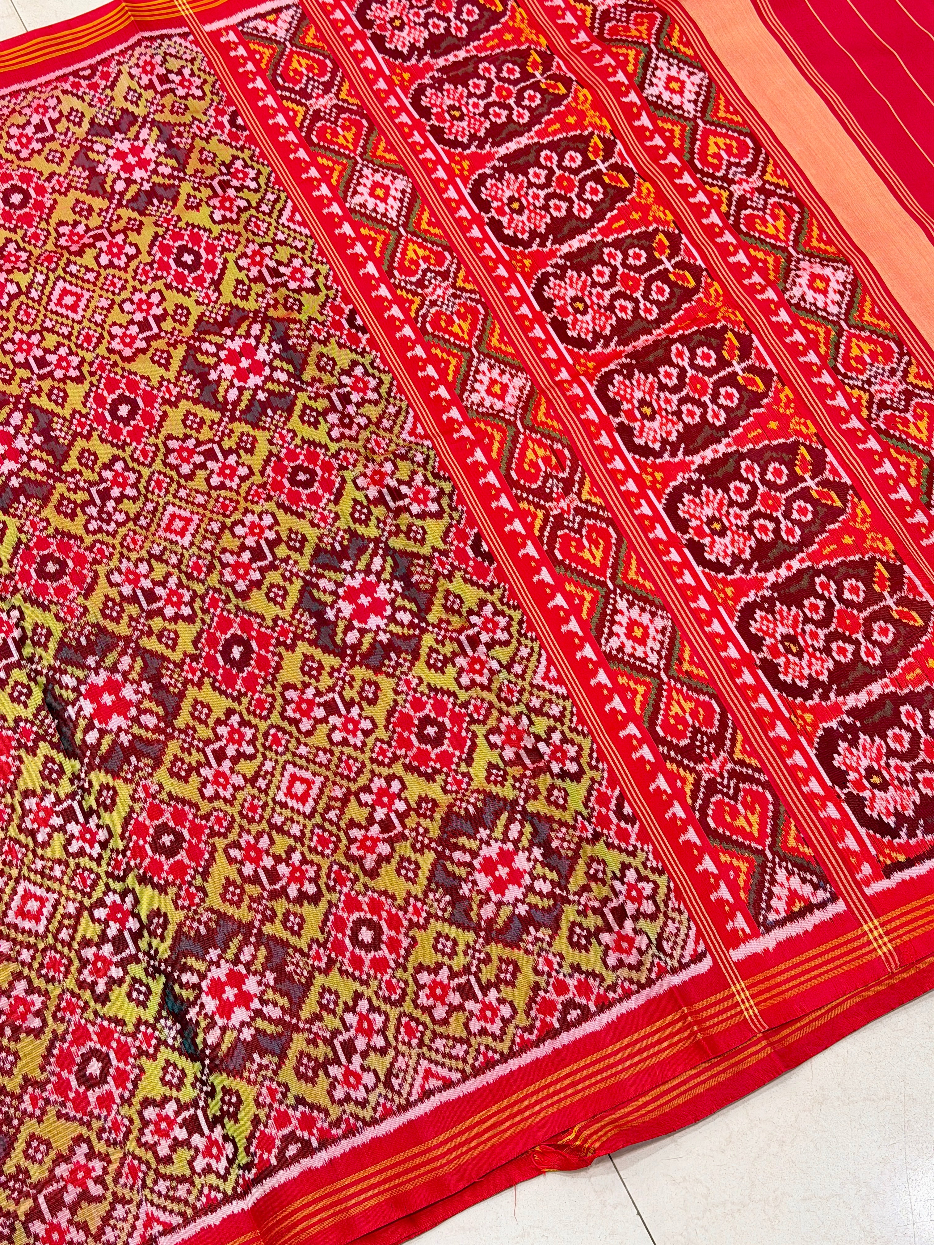 Lime Green Red Manek Chowk Pure Silk Handloom Patola Saree