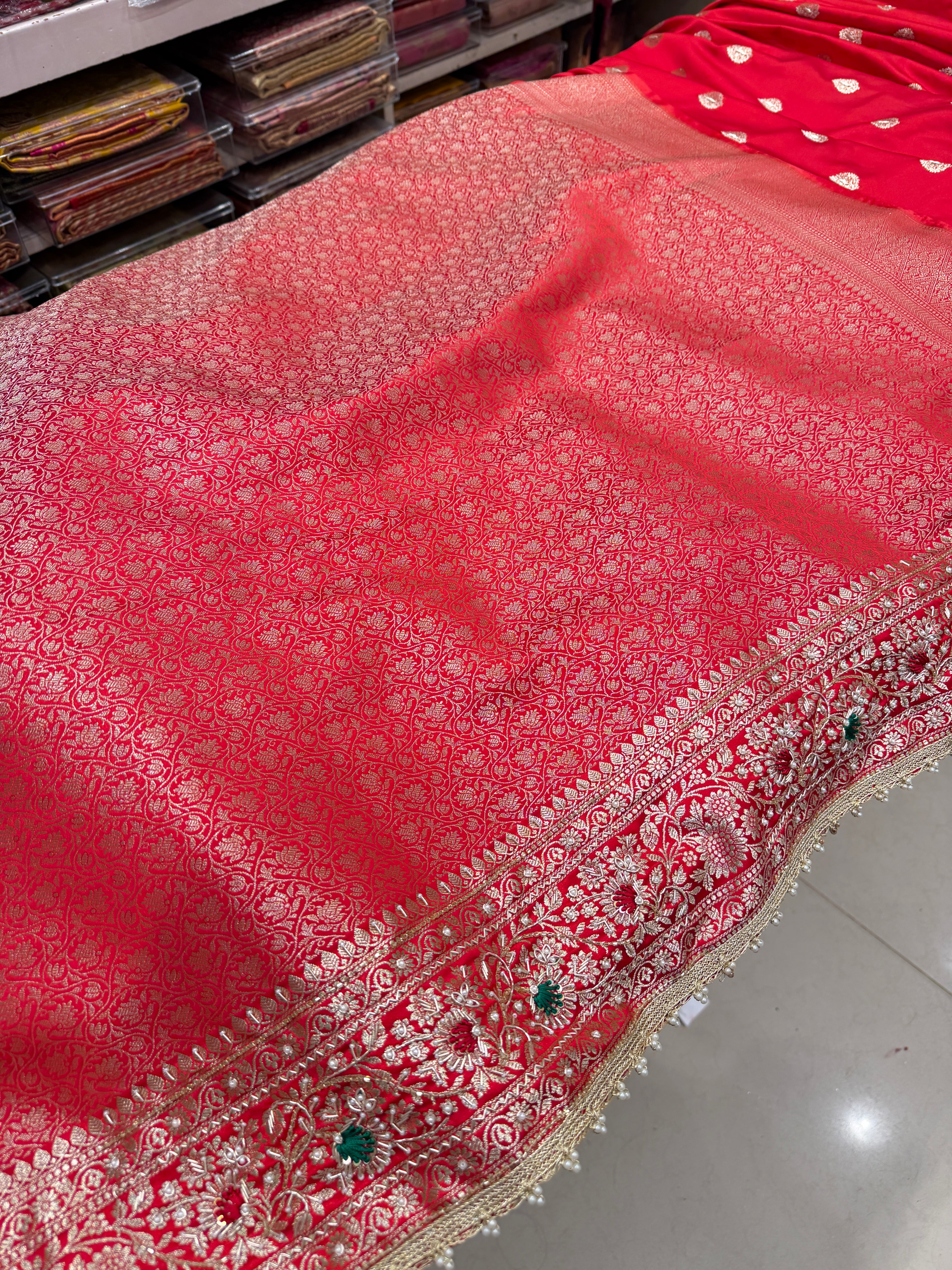 Red Banarasi Buttas Resham Zardosi Hand Embroidery Saree