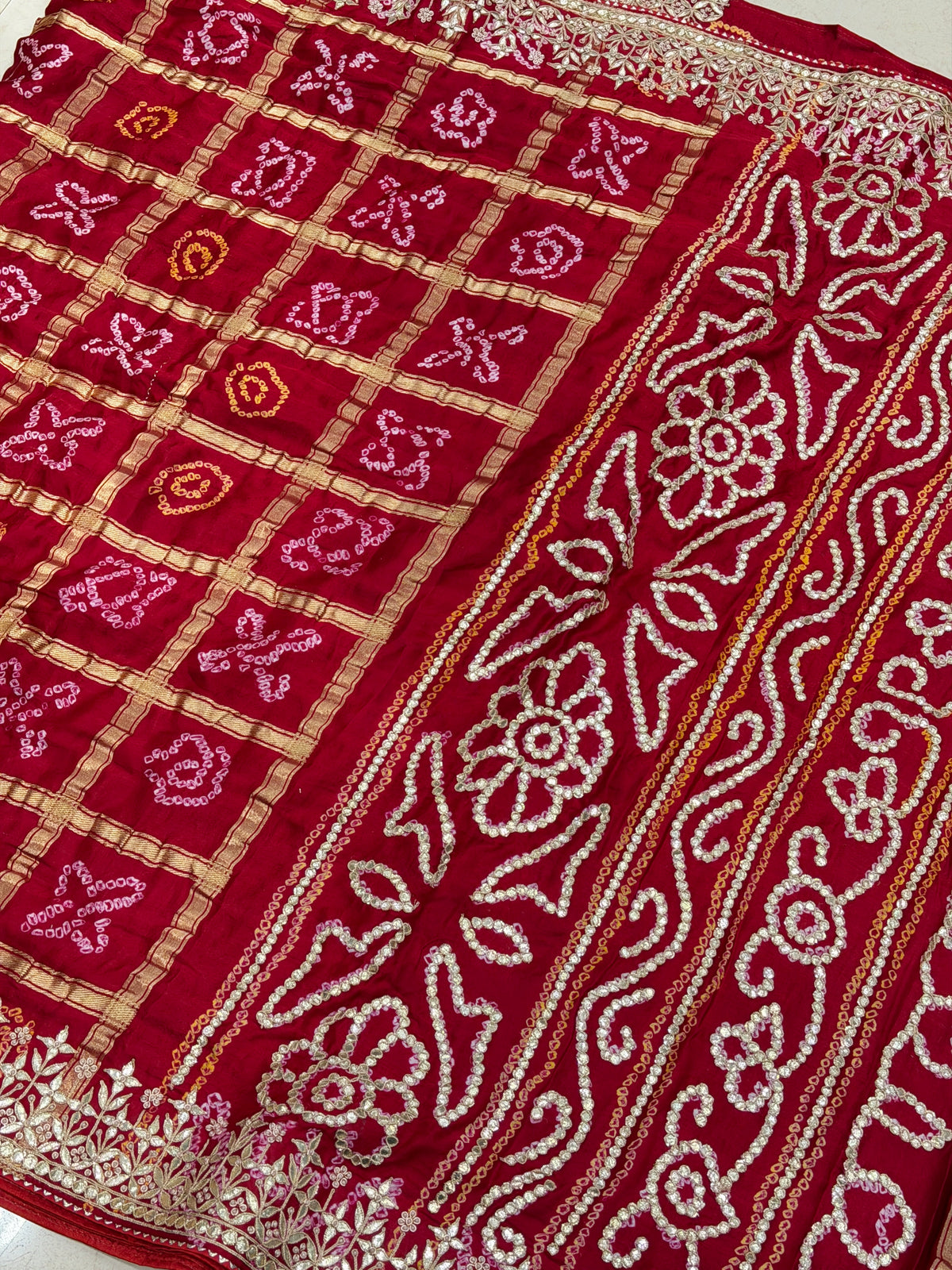 Red Bandhej Gharchola Marodi Gotapatti Hand Embroidery Saree