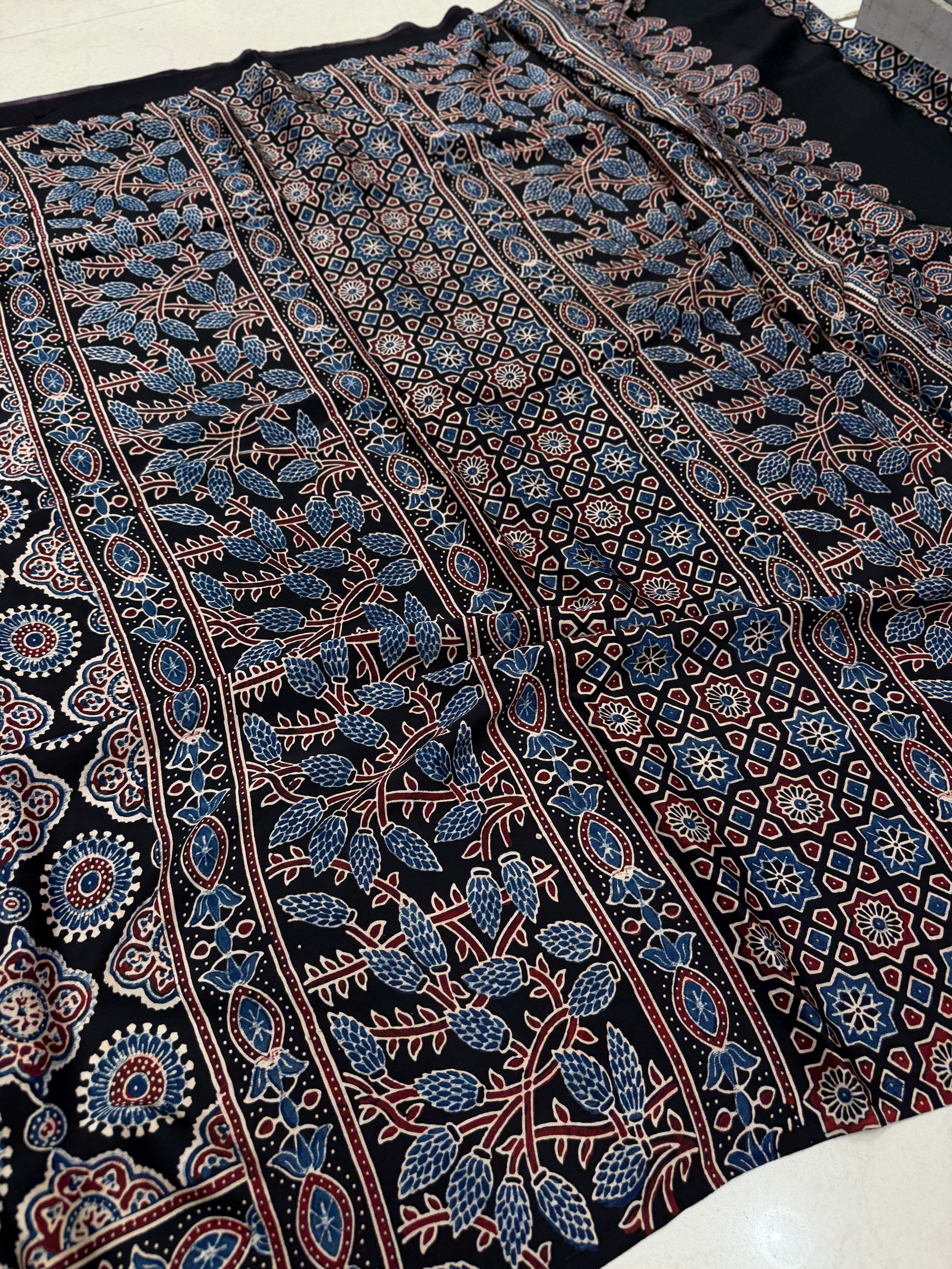 Black Geometric Circles Ajrakh Hand Block Print Pure Modal Silk Saree