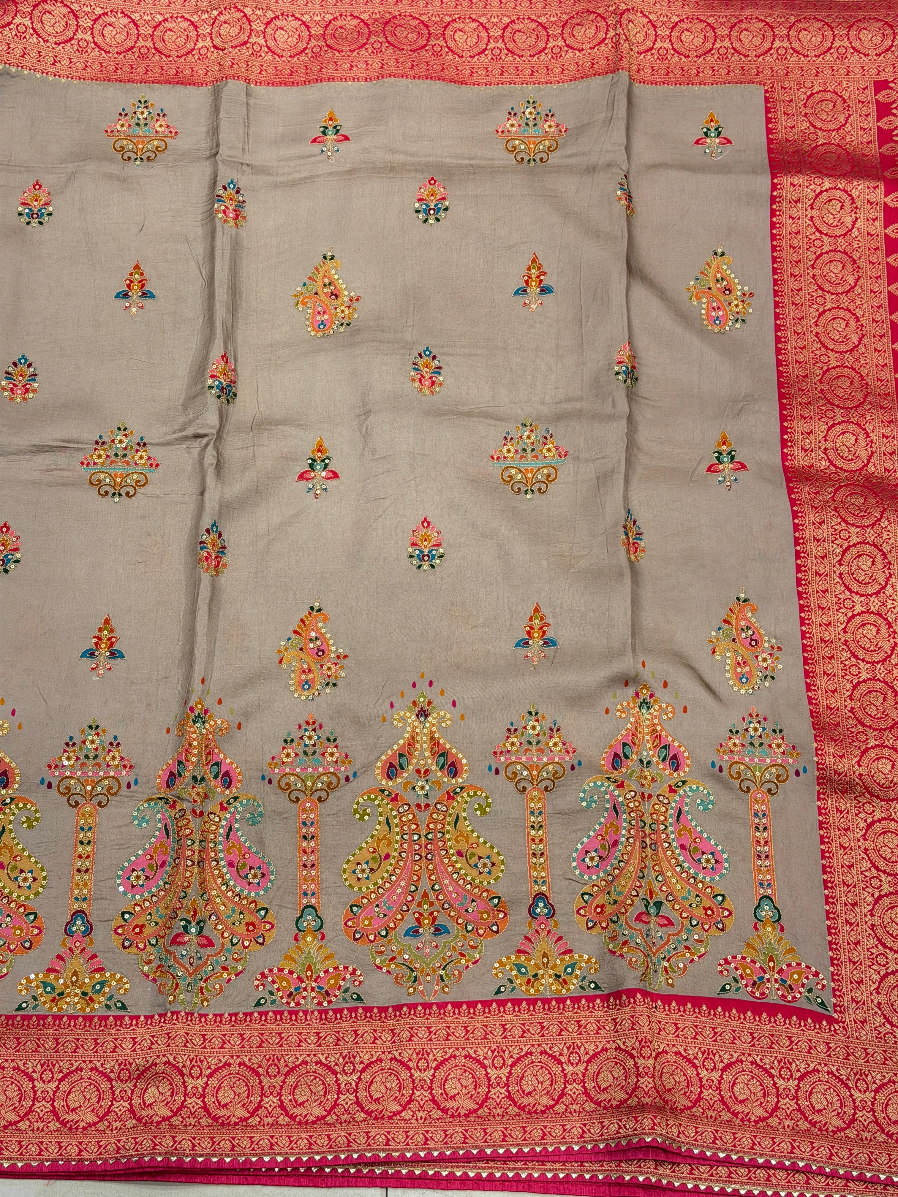 Grey Contemporary Banarasi Munga Pita Embroidery Saree