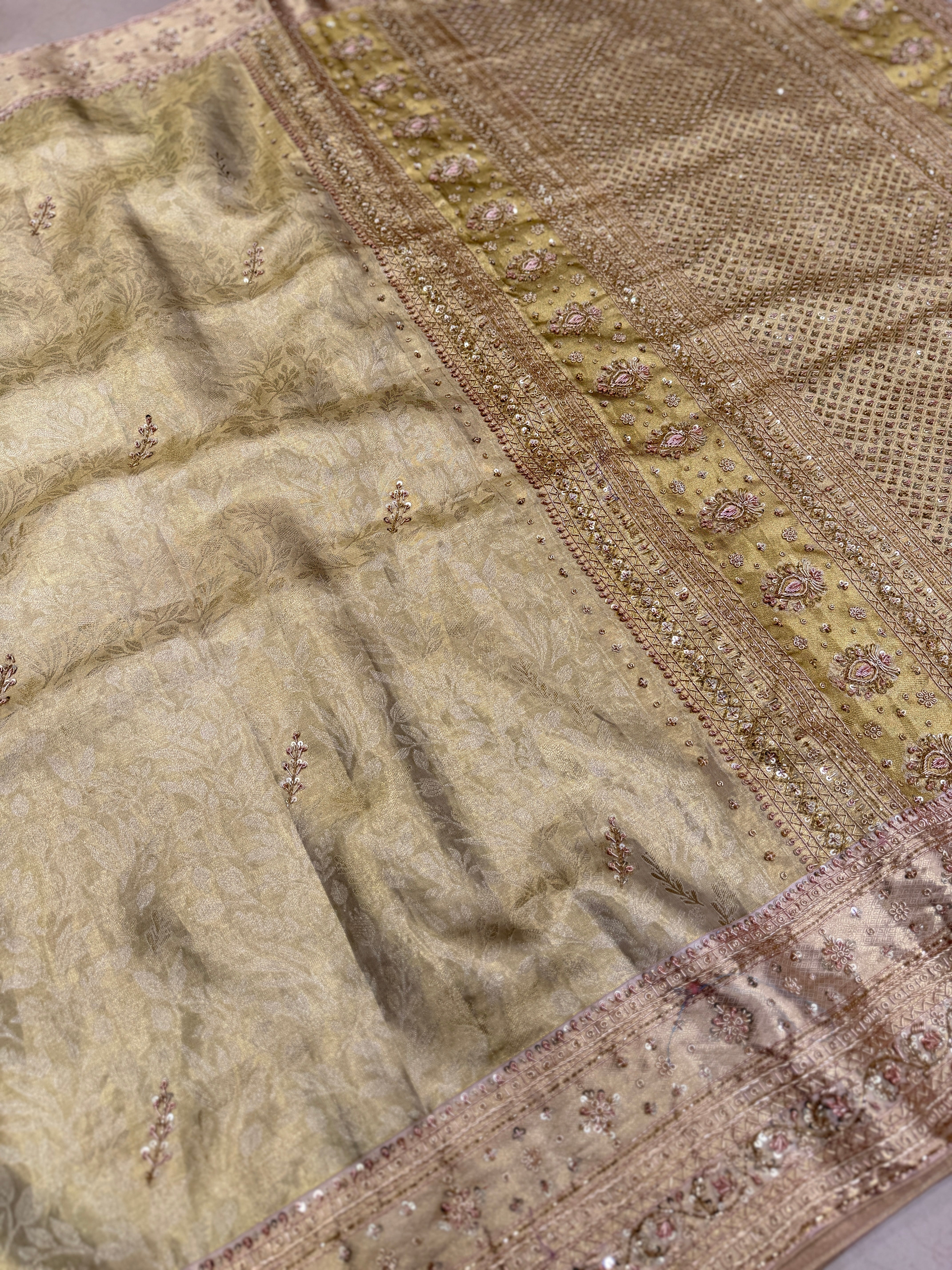 Beige Gold Tissue Kanjivaram Zardosi Hand Embroidery Saree