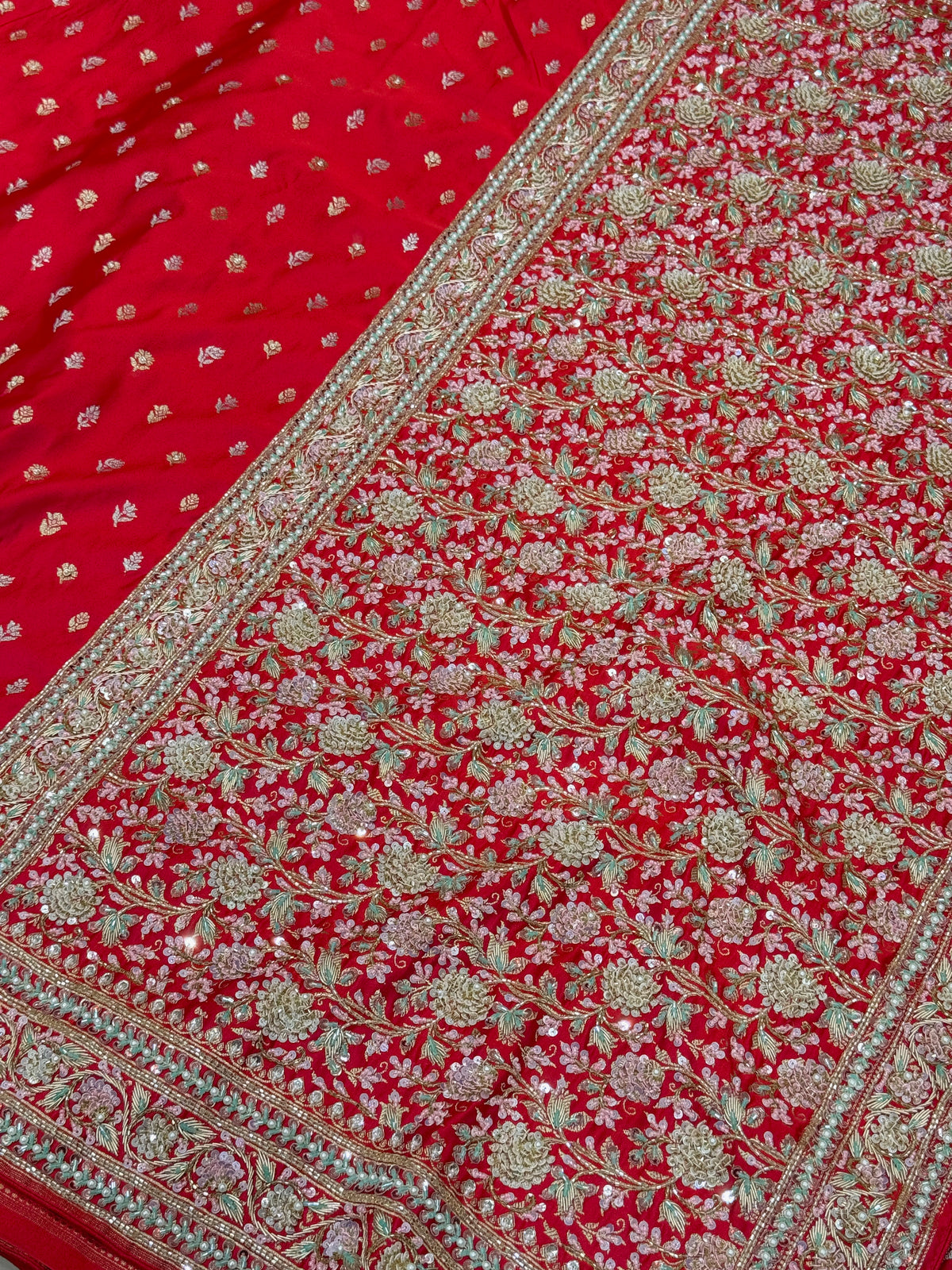Red Banarasi Silk Sliver Golden Butti Fancy Embroidery Saree