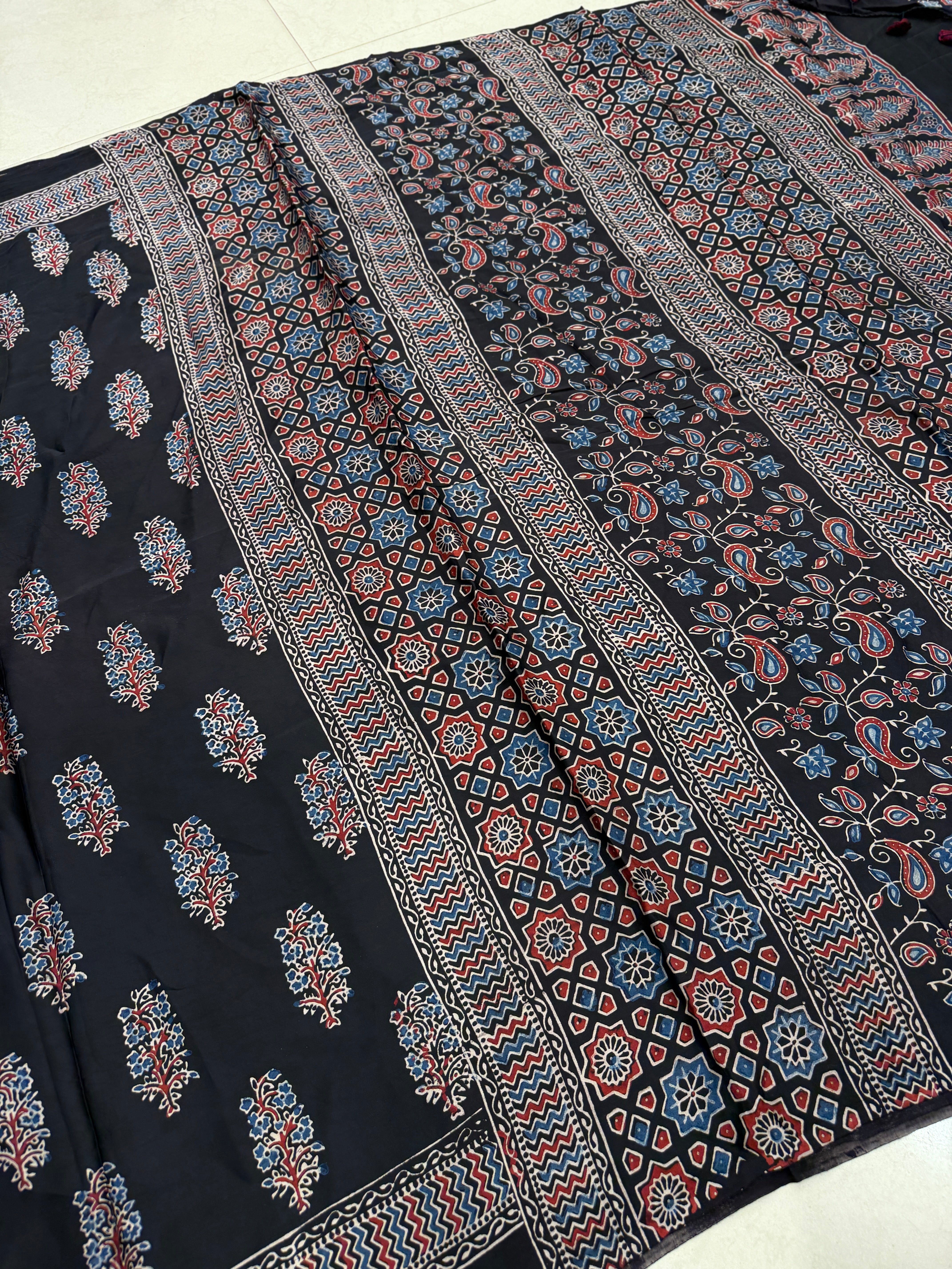 Black Tree Butta Ajrakh Hand Block Print Pure Gajji Silk Saree