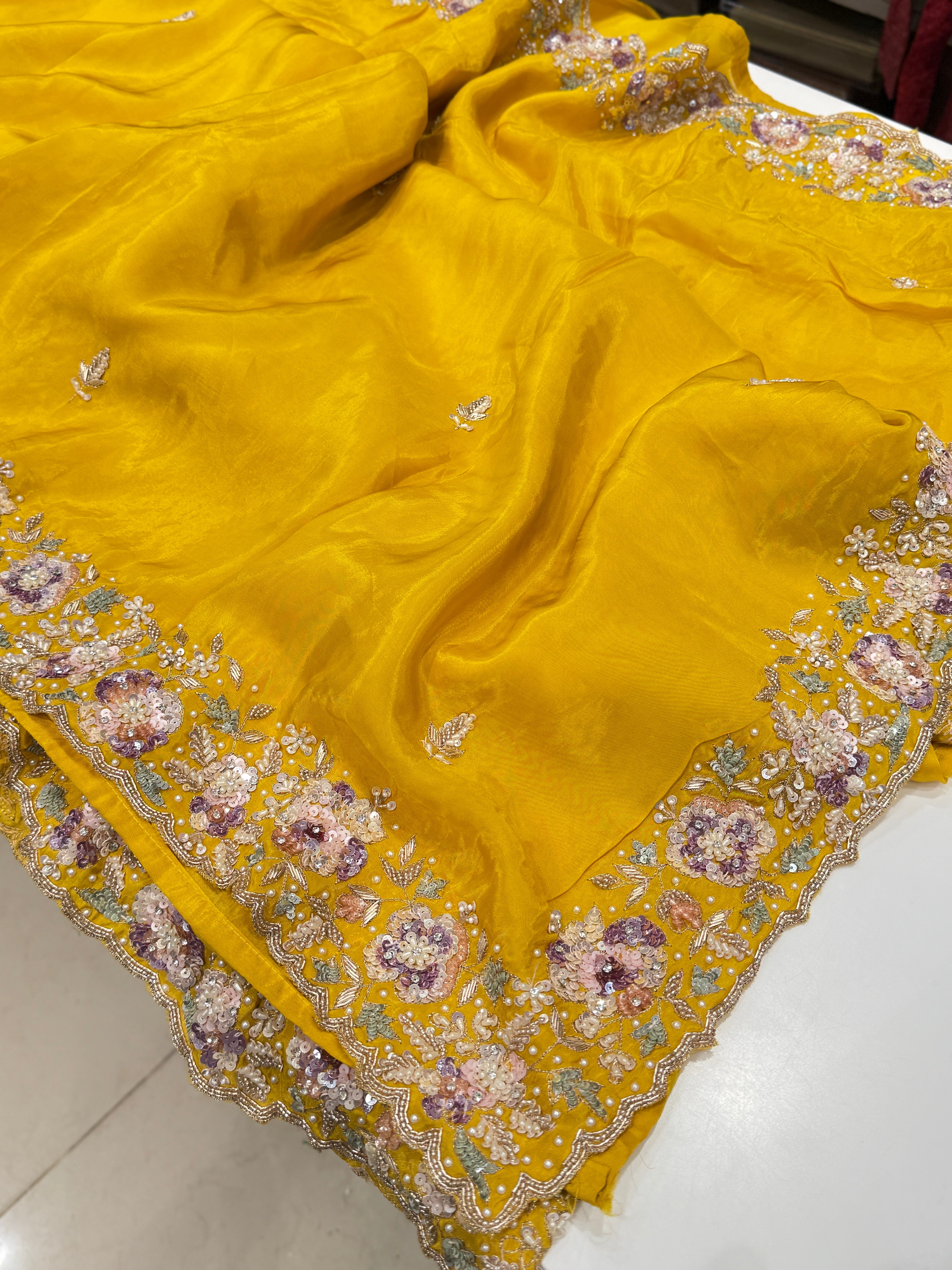 Yellow Soft Silk Zardosi Fancy Hand Embroidery Saree