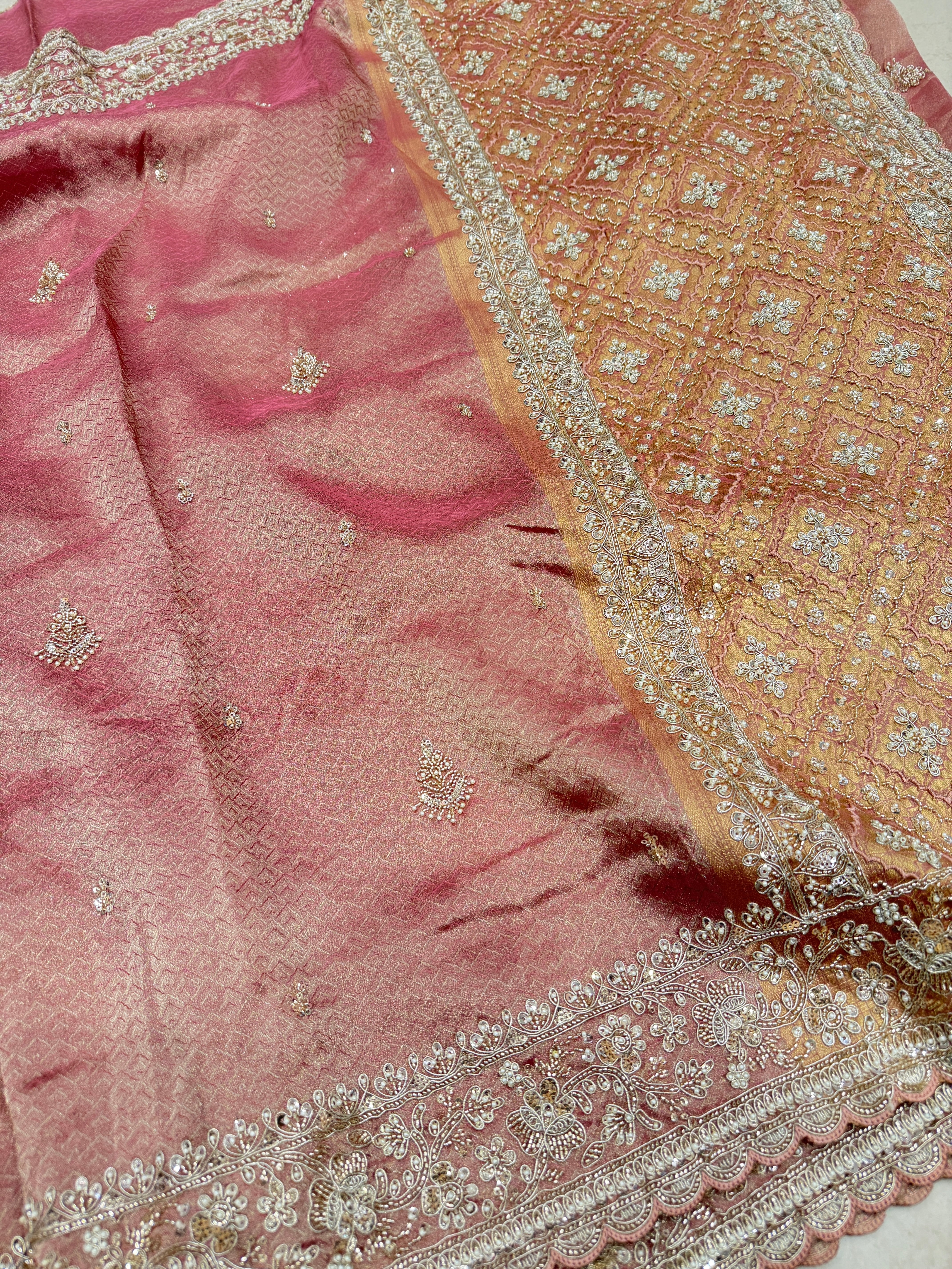 Light Pink Crepe Tissue Weaved Moti Cutana Embroidery Saree