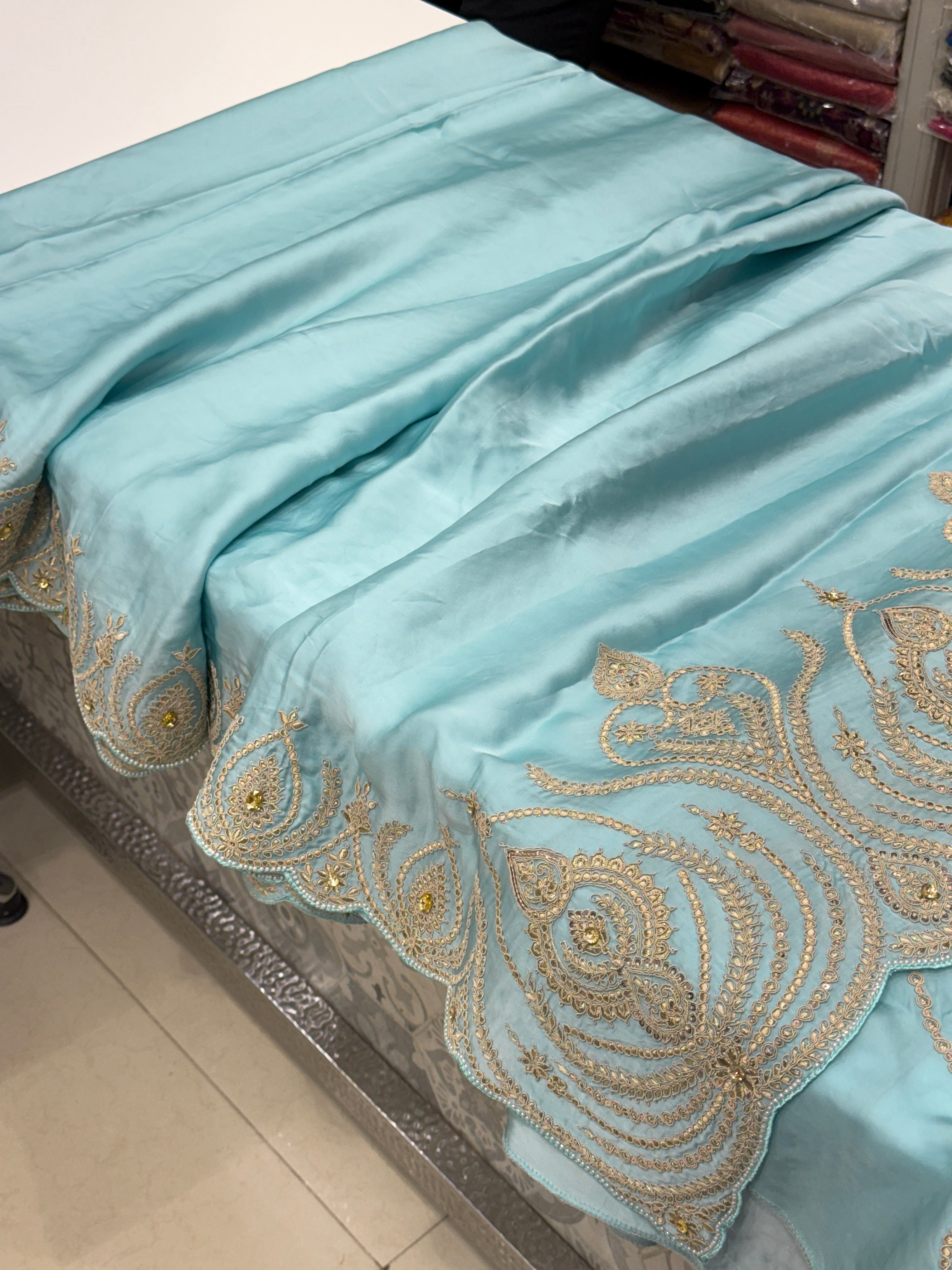 Blue Satin Organza Zari & Thread Embroidery Saree