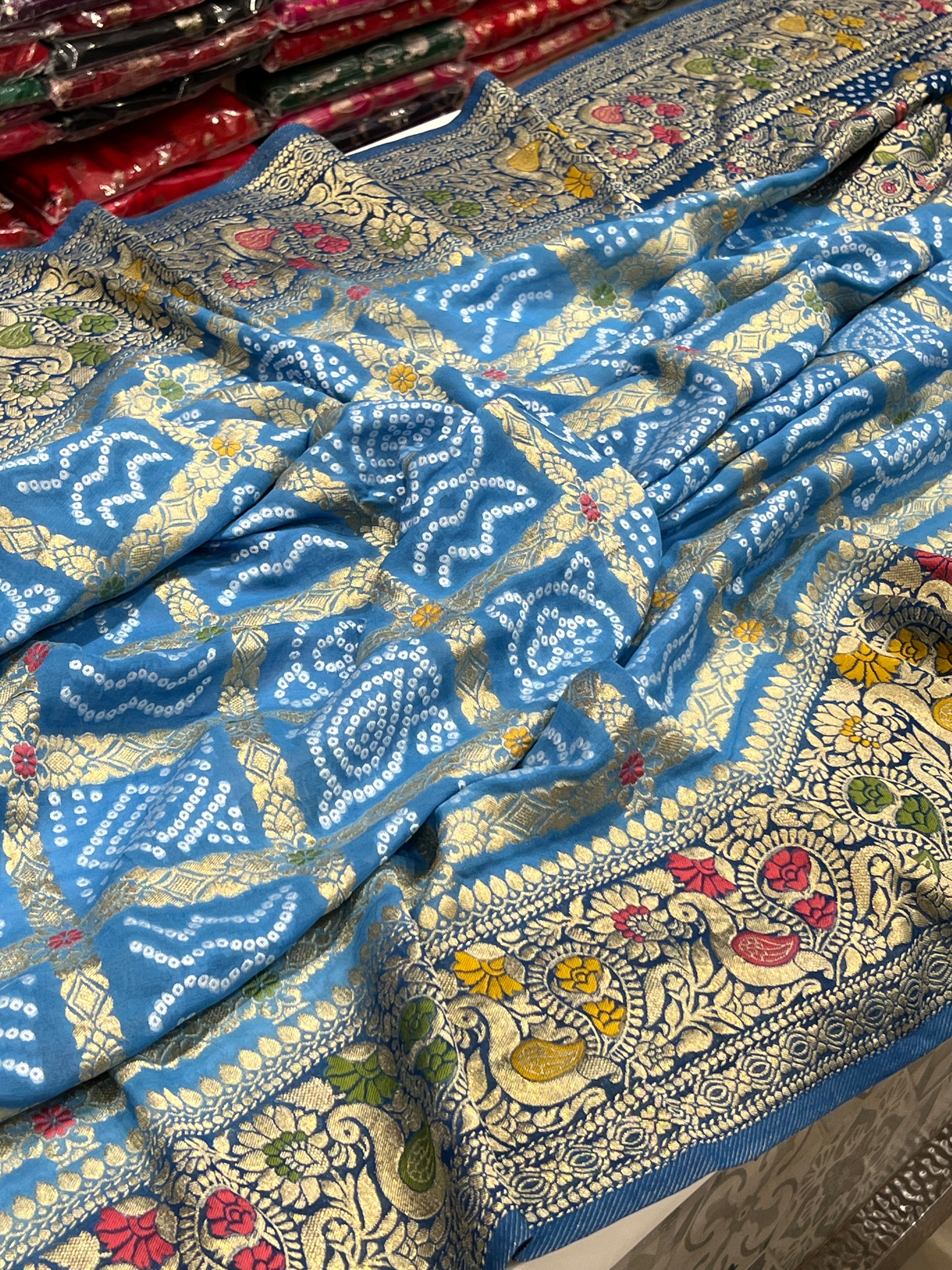 Shaded Blue Woven Bandhej Gharchola Saree