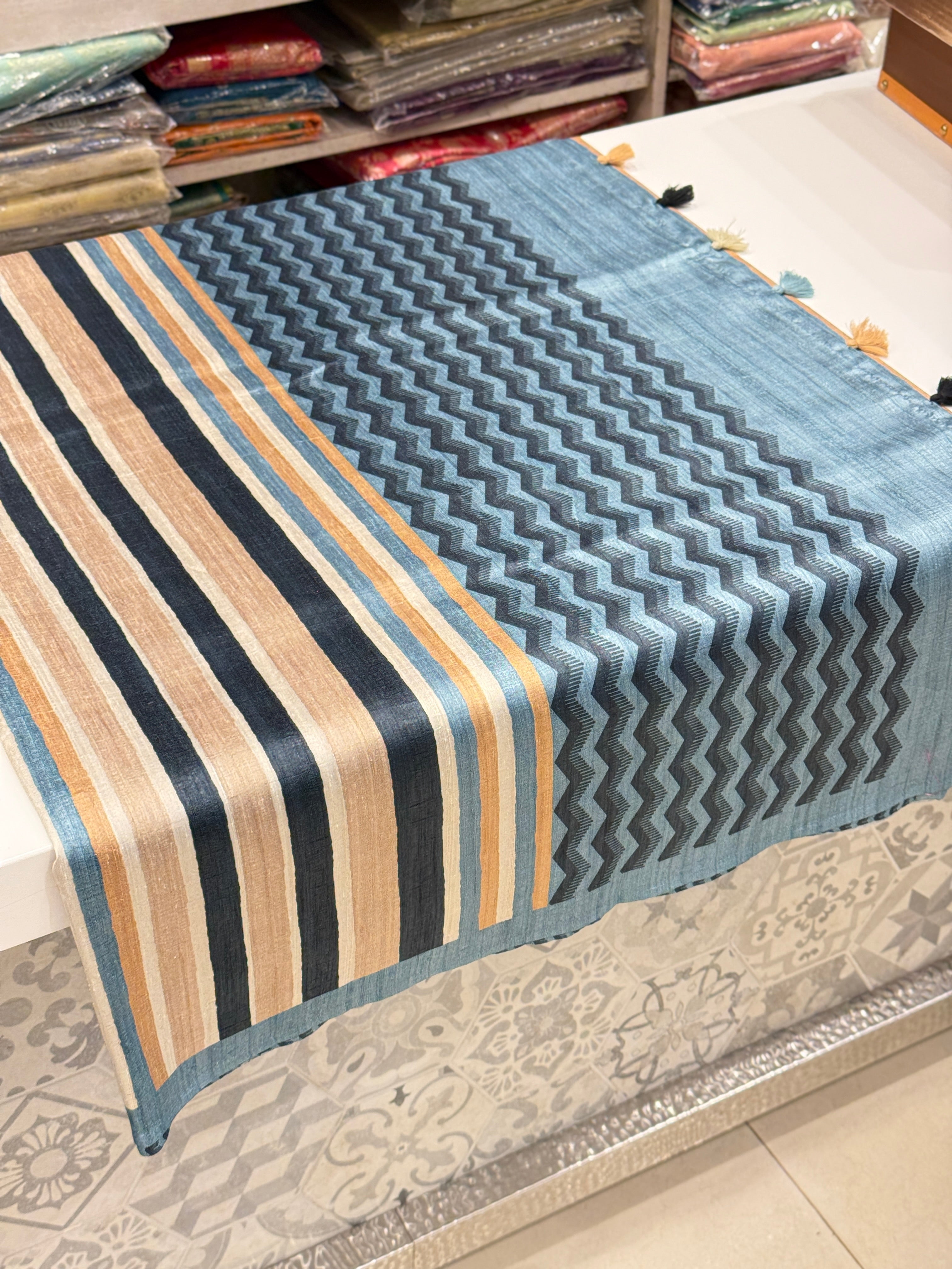 Beige Blue Contemporary Printed Tussor Saree
