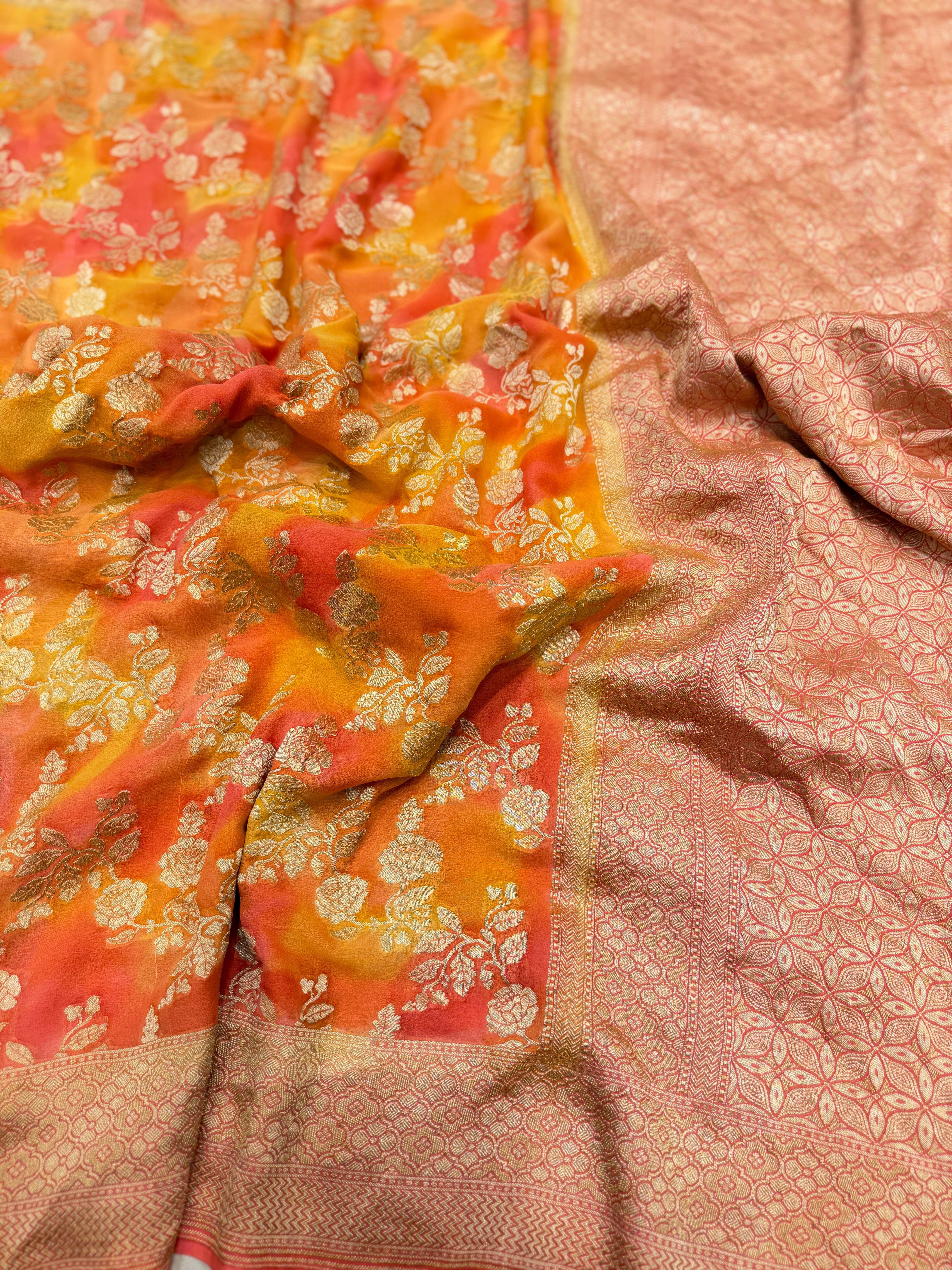 Orange Shaded Rose Jaal Handloom Banarasi Khaddi Georgette Saree