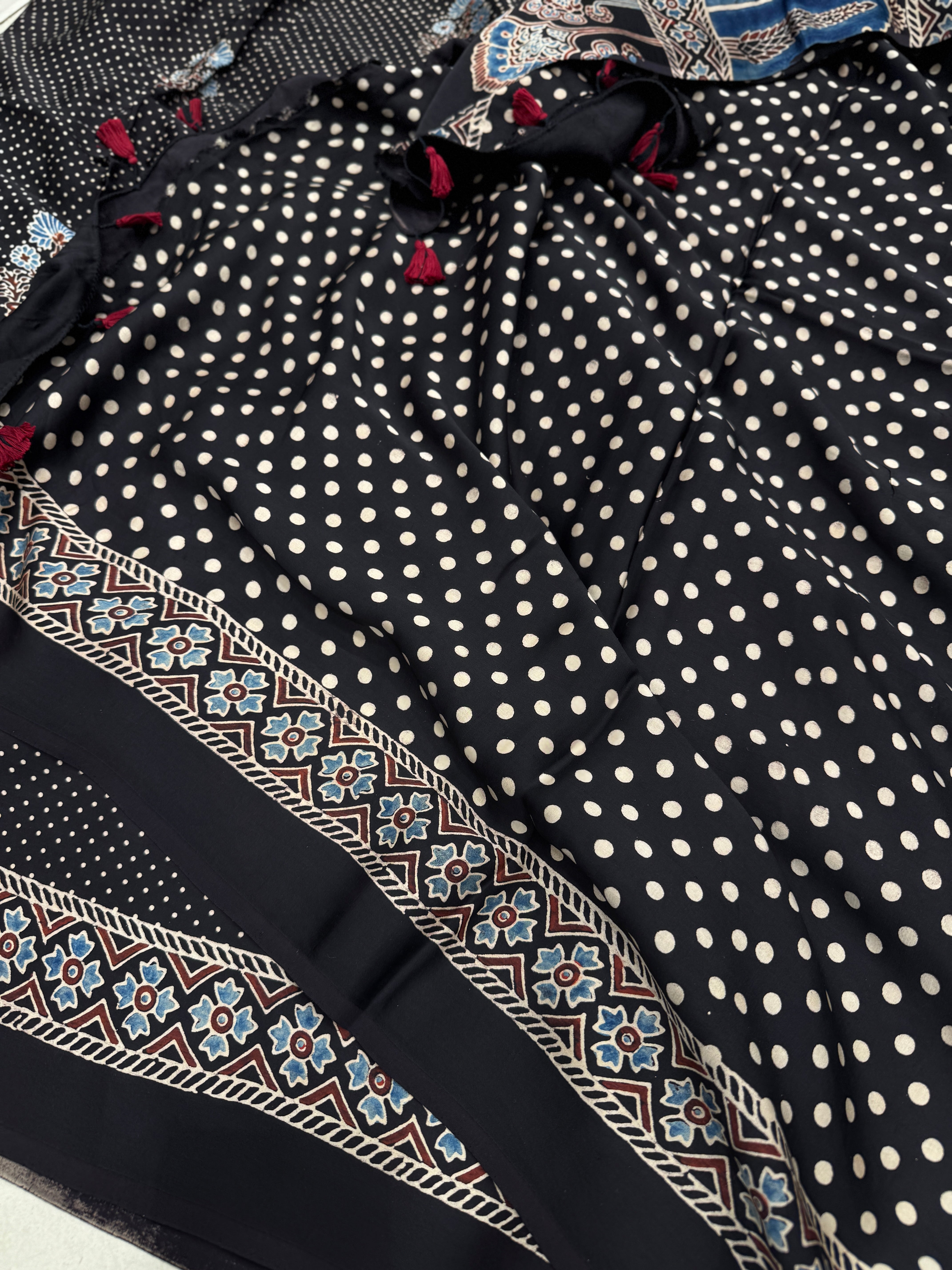 Black Floral Butti Dot Ajrakh Hand Block Print Pure Gajji Silk Saree