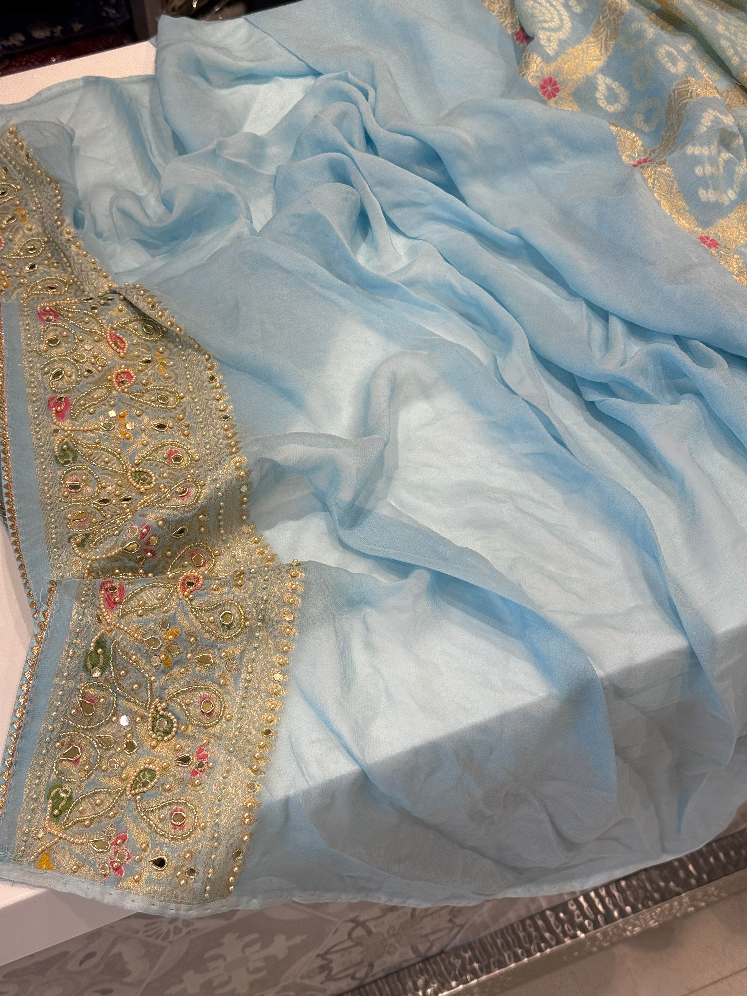 Light Blue Gharchola Moti Hand Embroidery Saree