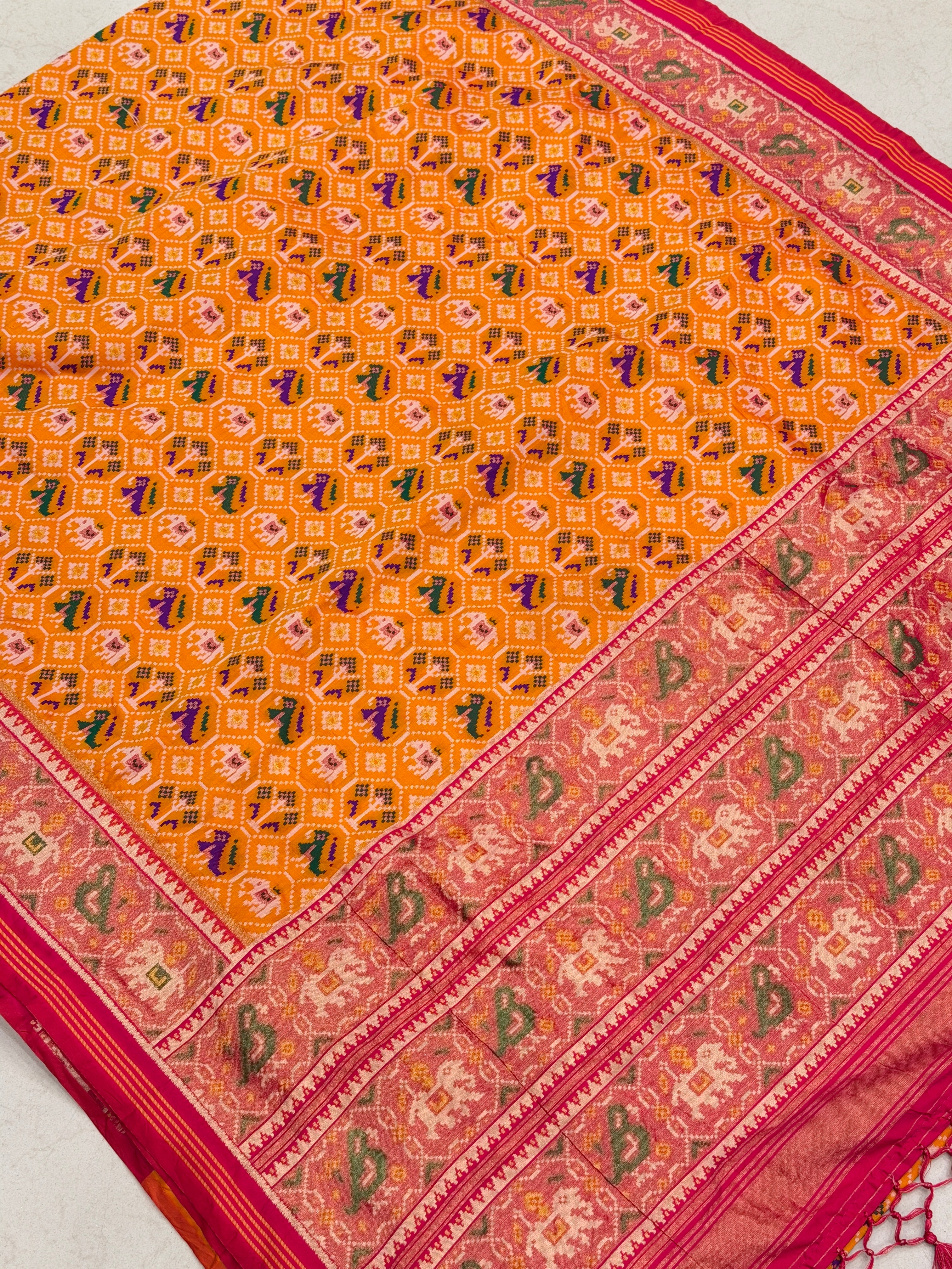 Orange Red Elephant Jaal Semi Silk Weaved Patan Patola Saree