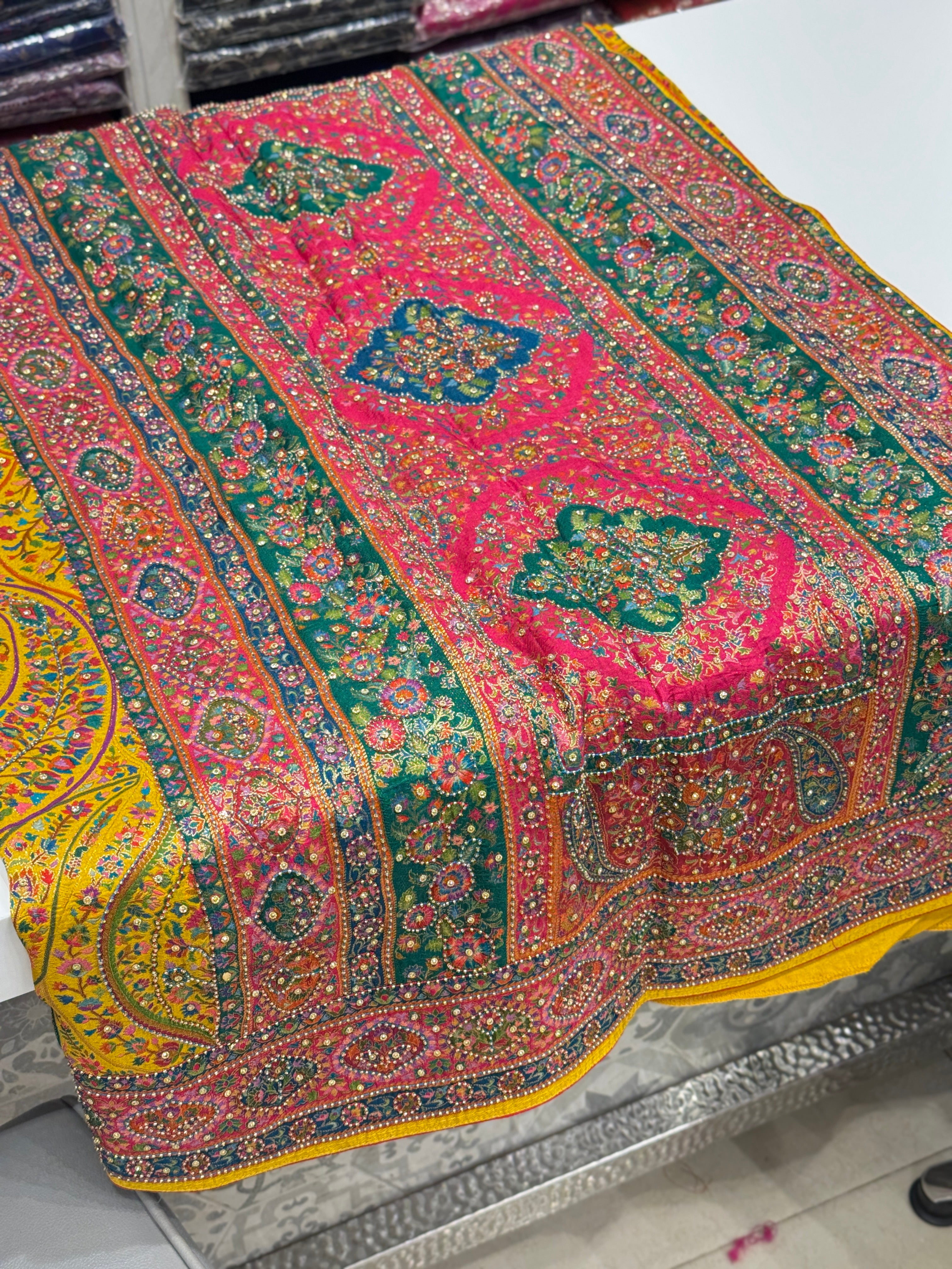 Yellow Banarasi Munga Pashmina Style Hand Embroidery Saree
