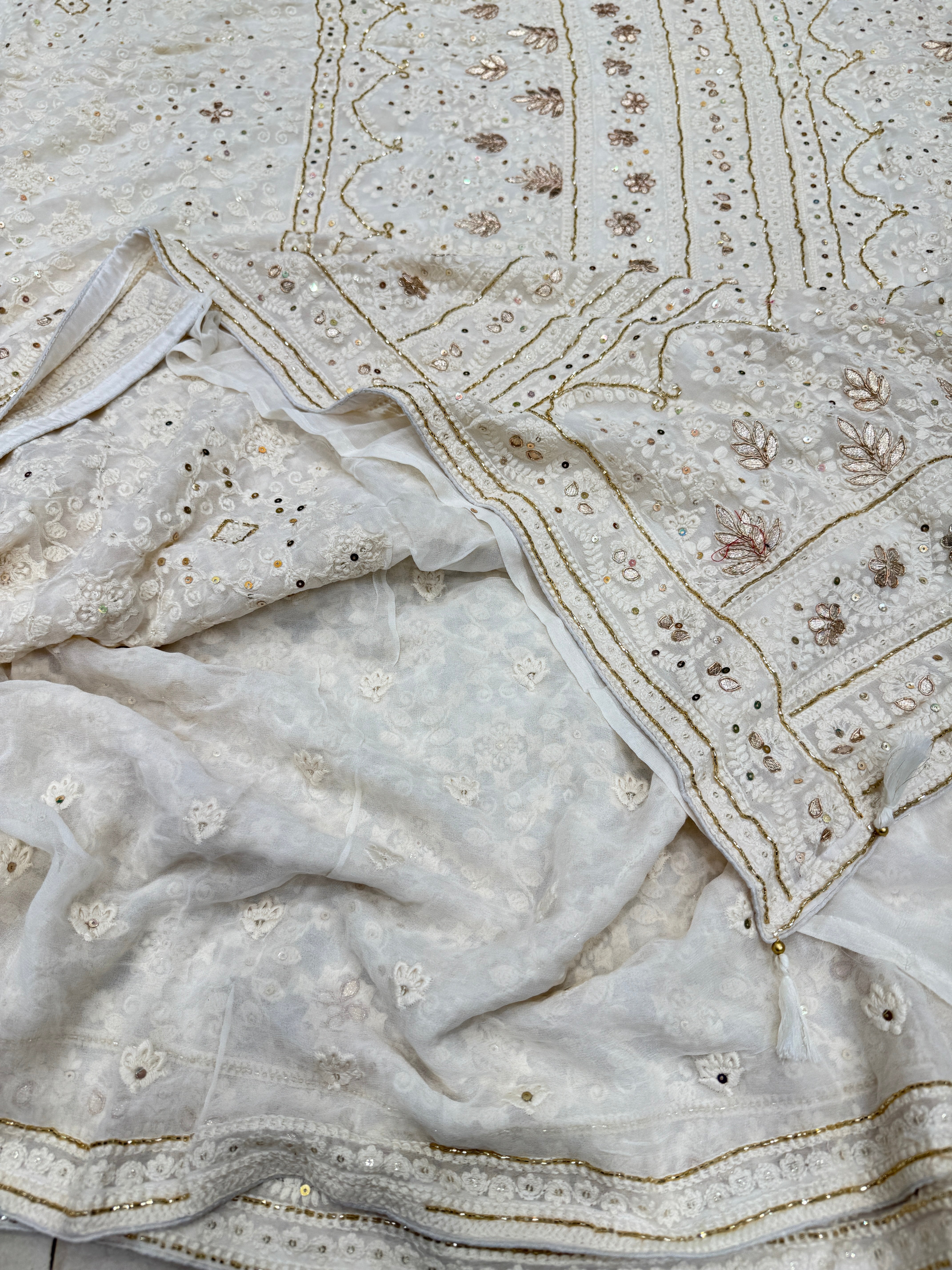 White Chikankari on Georgette with Cutdana Hand Embroidery