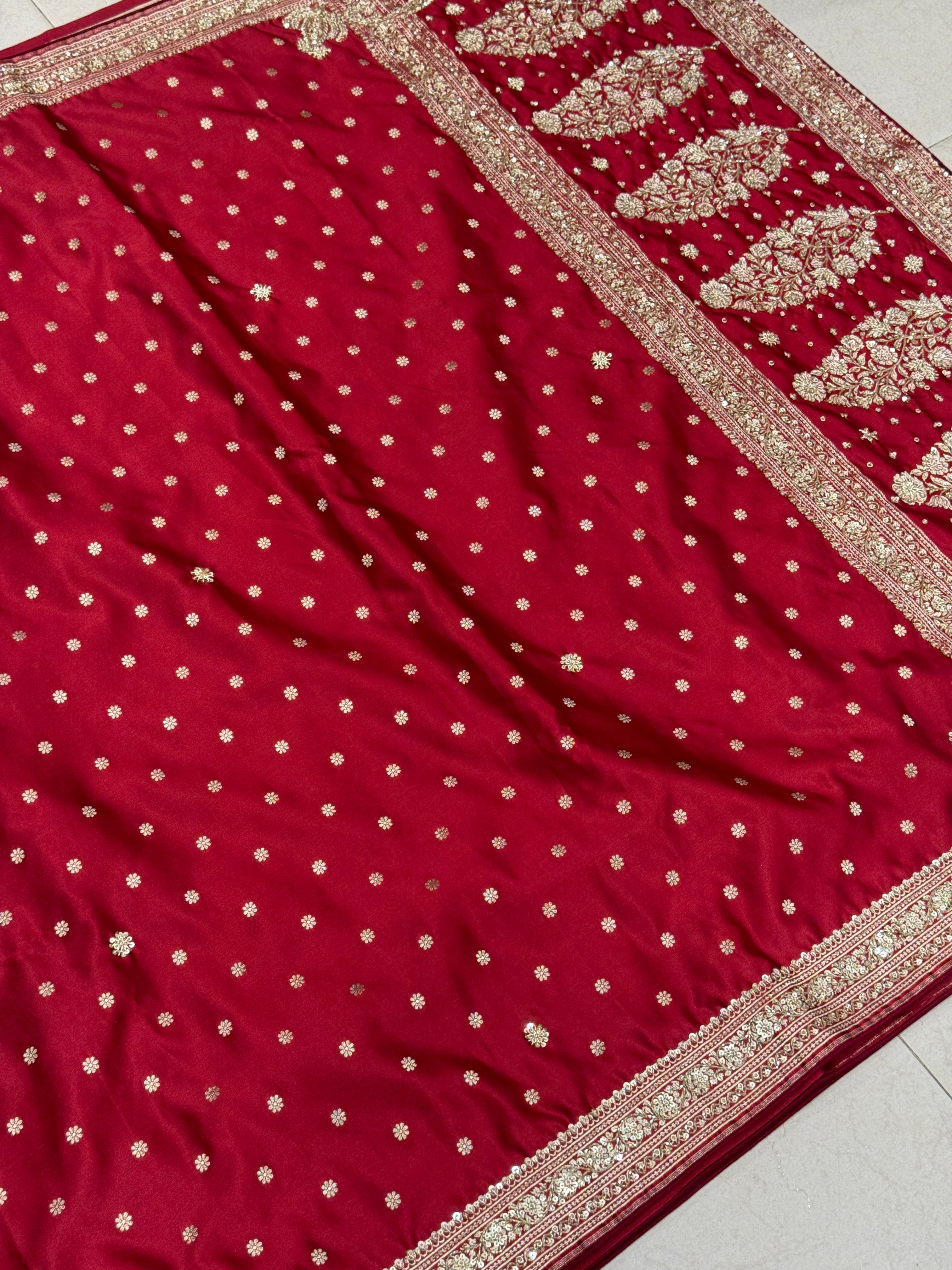 Maroon Banarasi Star Butti Hand Done Zardozi Saree