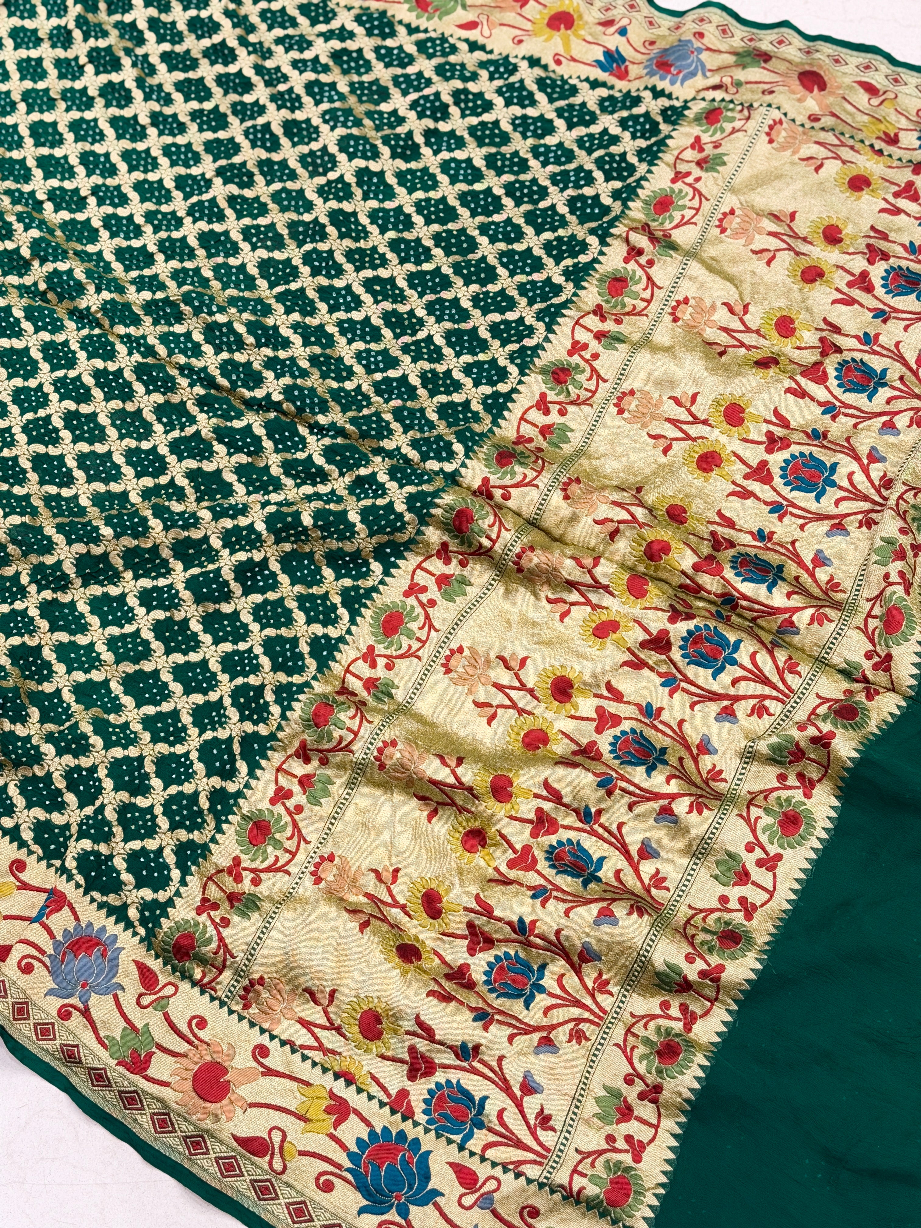 Bottle Green Meenakari Paithani Weaved Pure Handloom Georgette Bandhej Saree