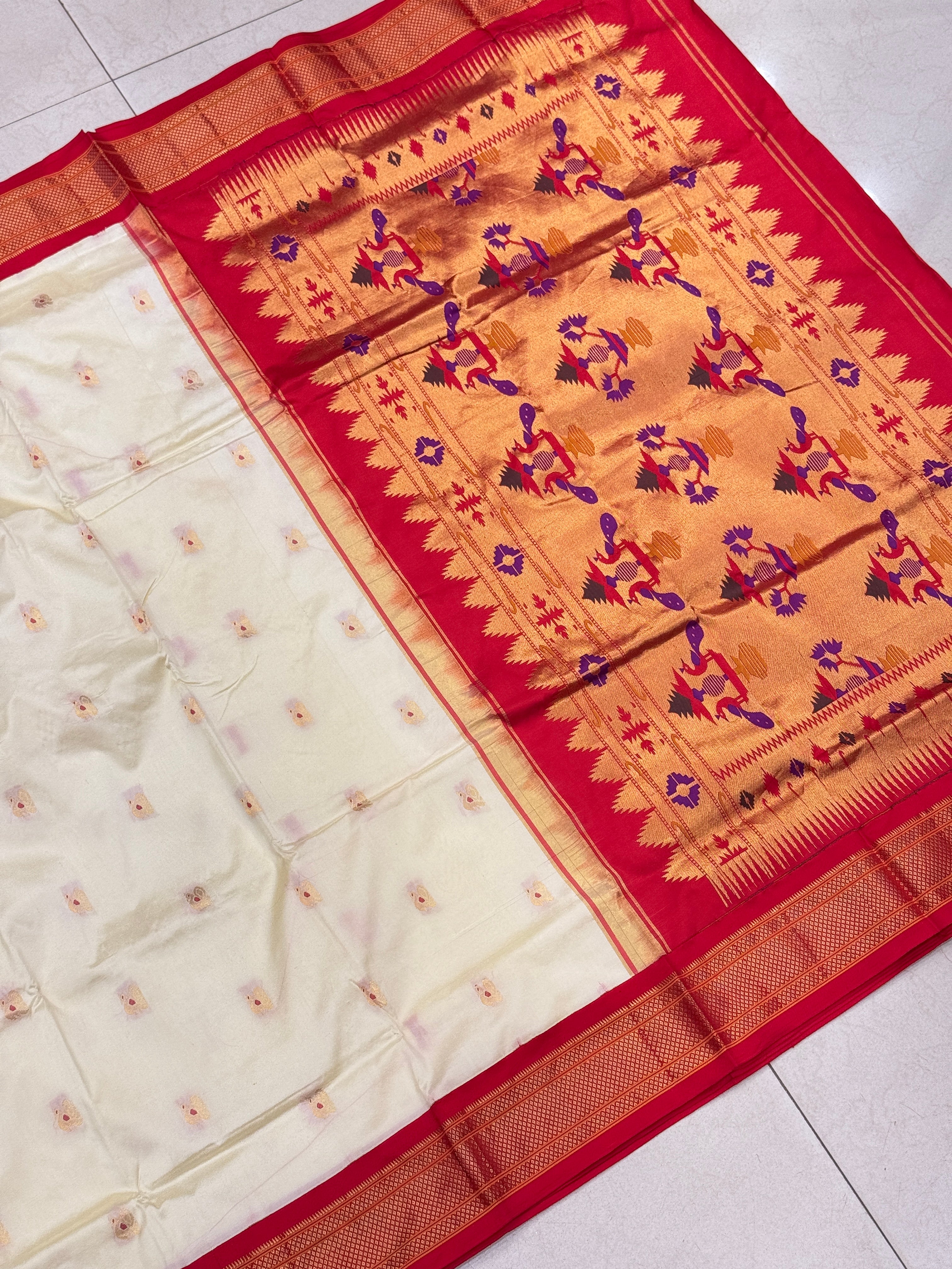 Moti White Red Pure Silk Paithani Saree