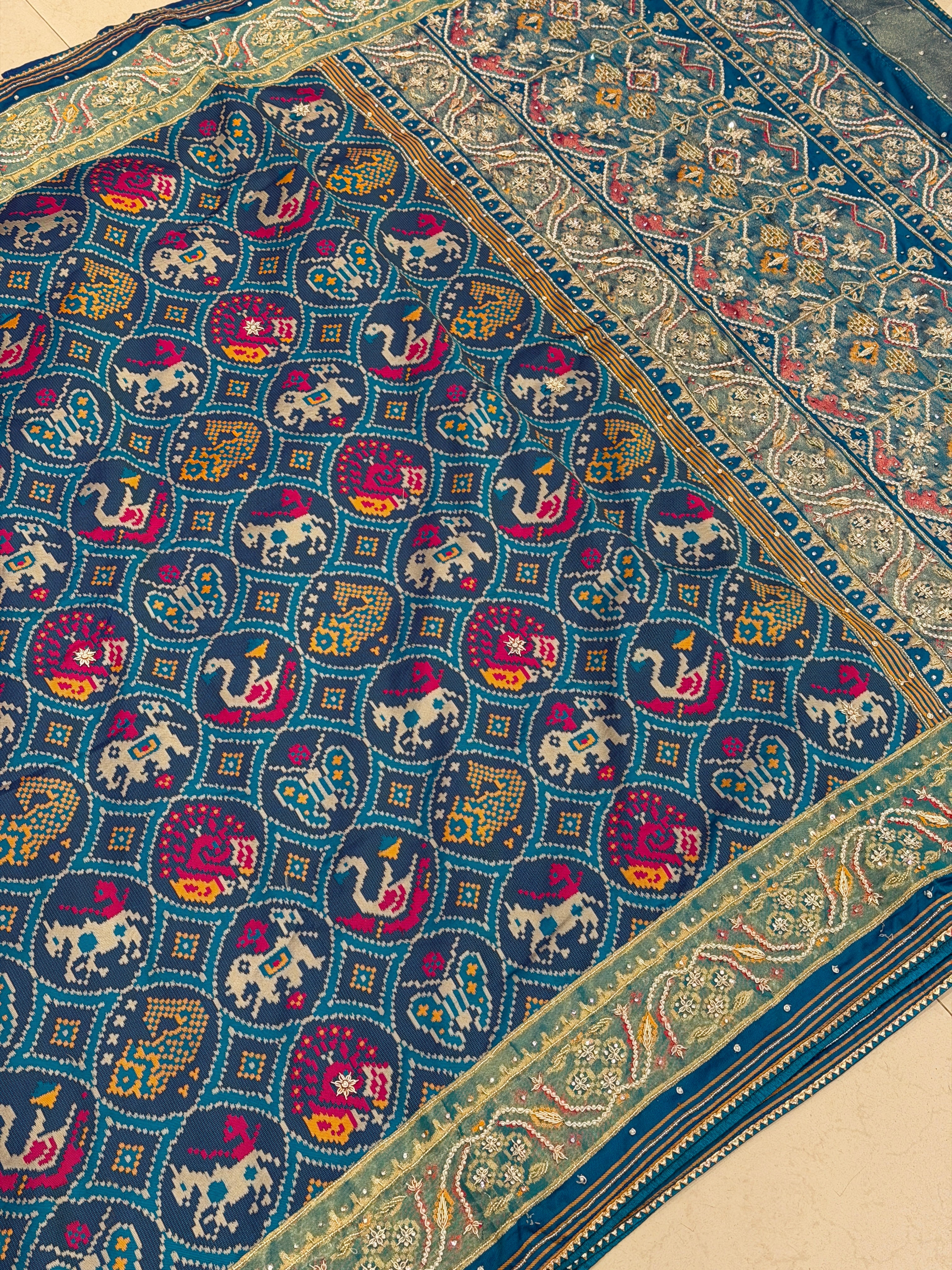 Blue Figure Banarasi Hand Embroidery Patola Saree