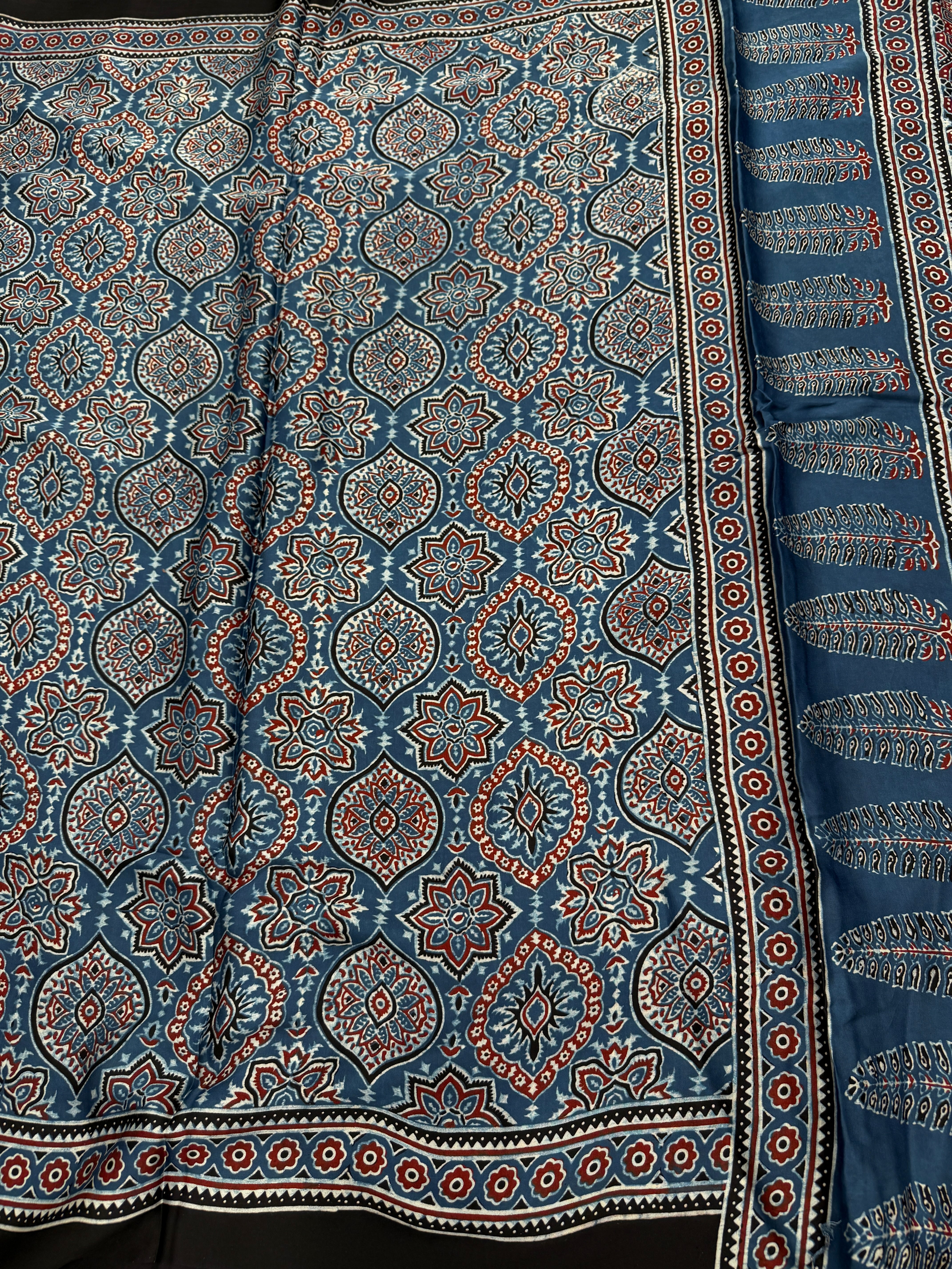 Blue Badam Ajrakh Hand Block Print Pure Gajji Silk Saree