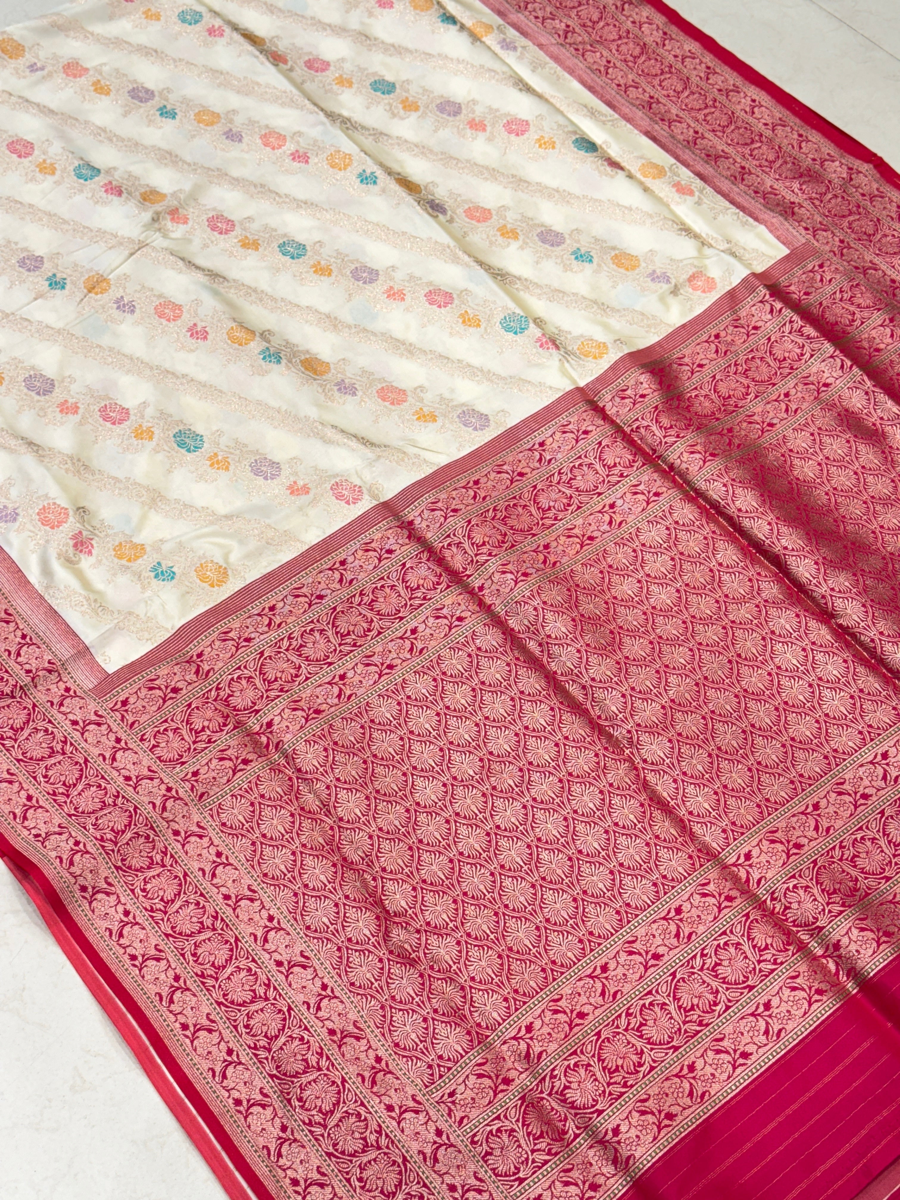 Off White Meenkari Leheriya Banarasi Silk Saree