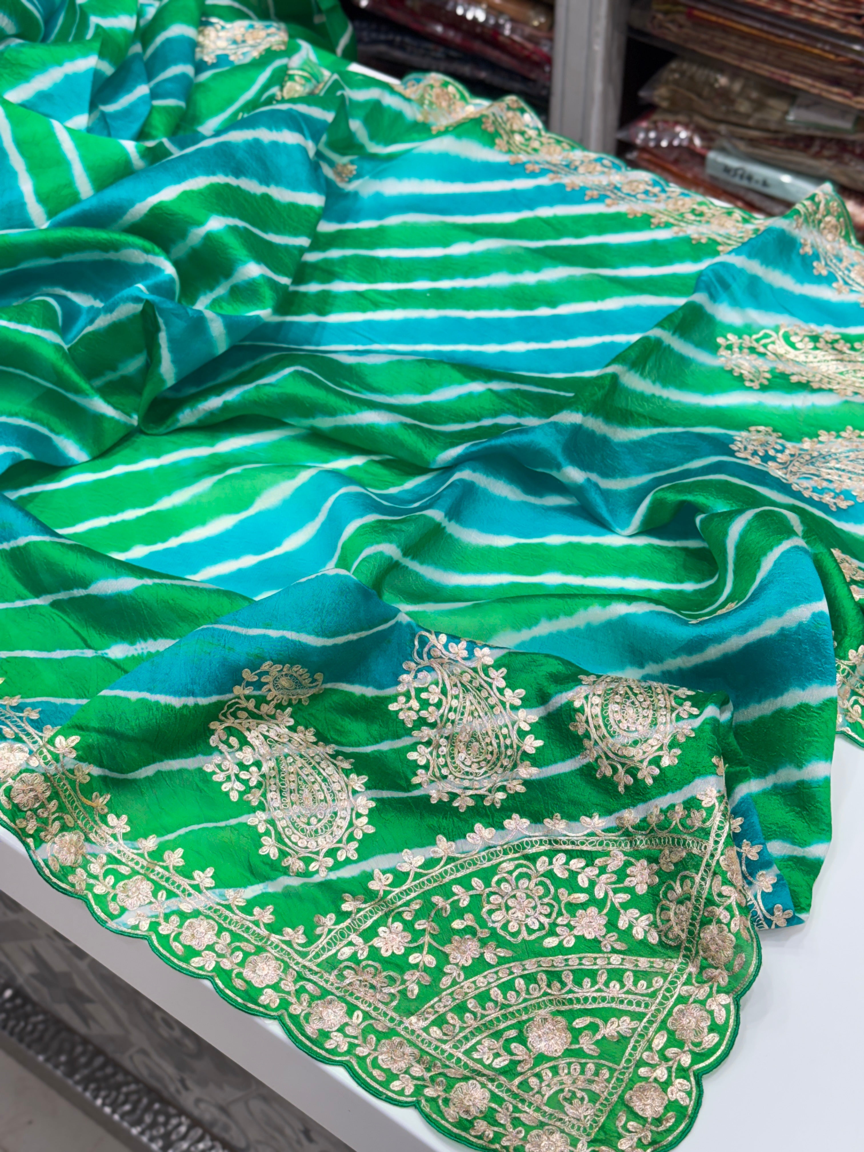 Green Tussor Silk Leheriya Hand Embroidery