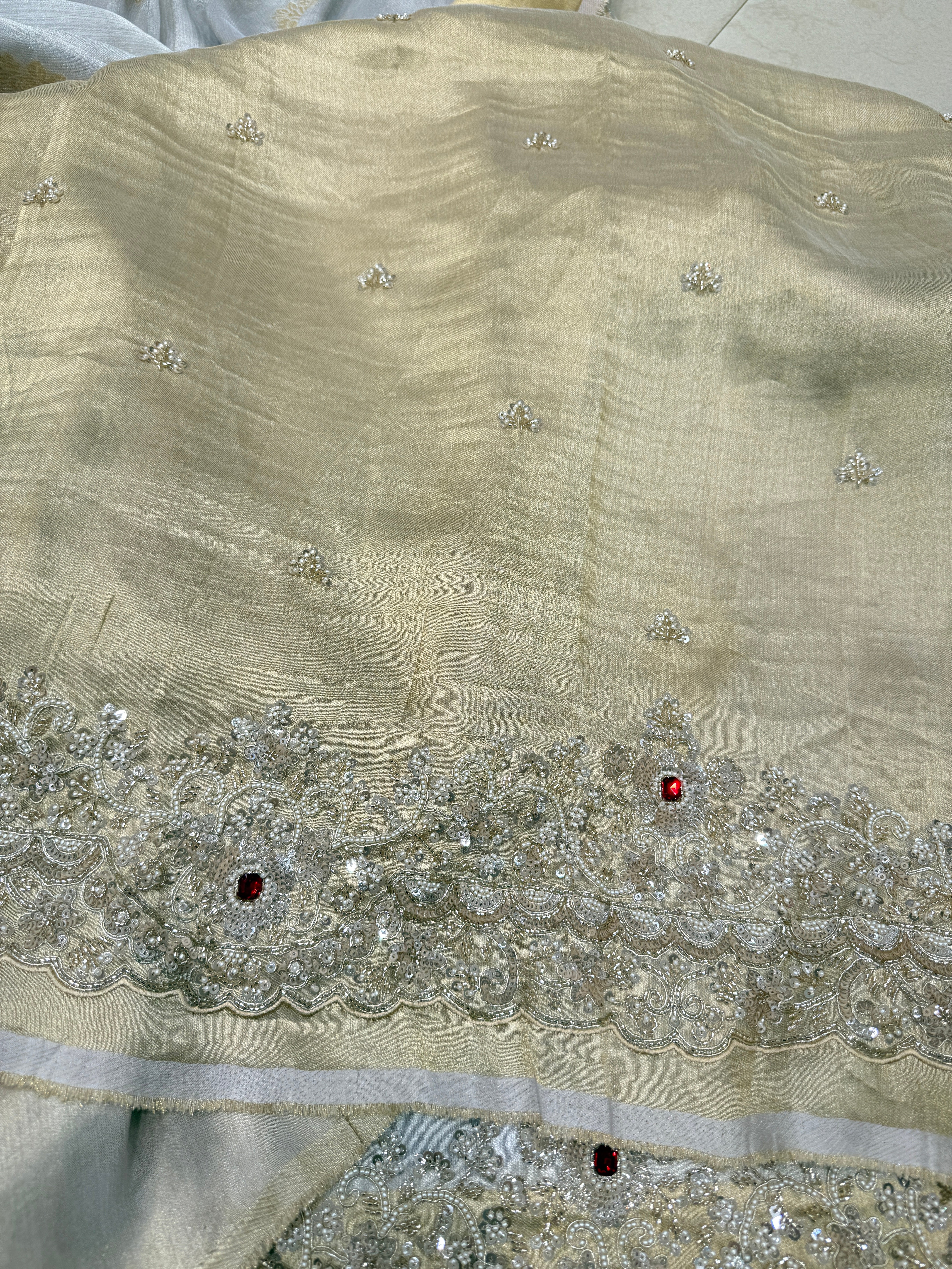 Silver Golden Tissue Moti Cutdana Embroidery Saree
