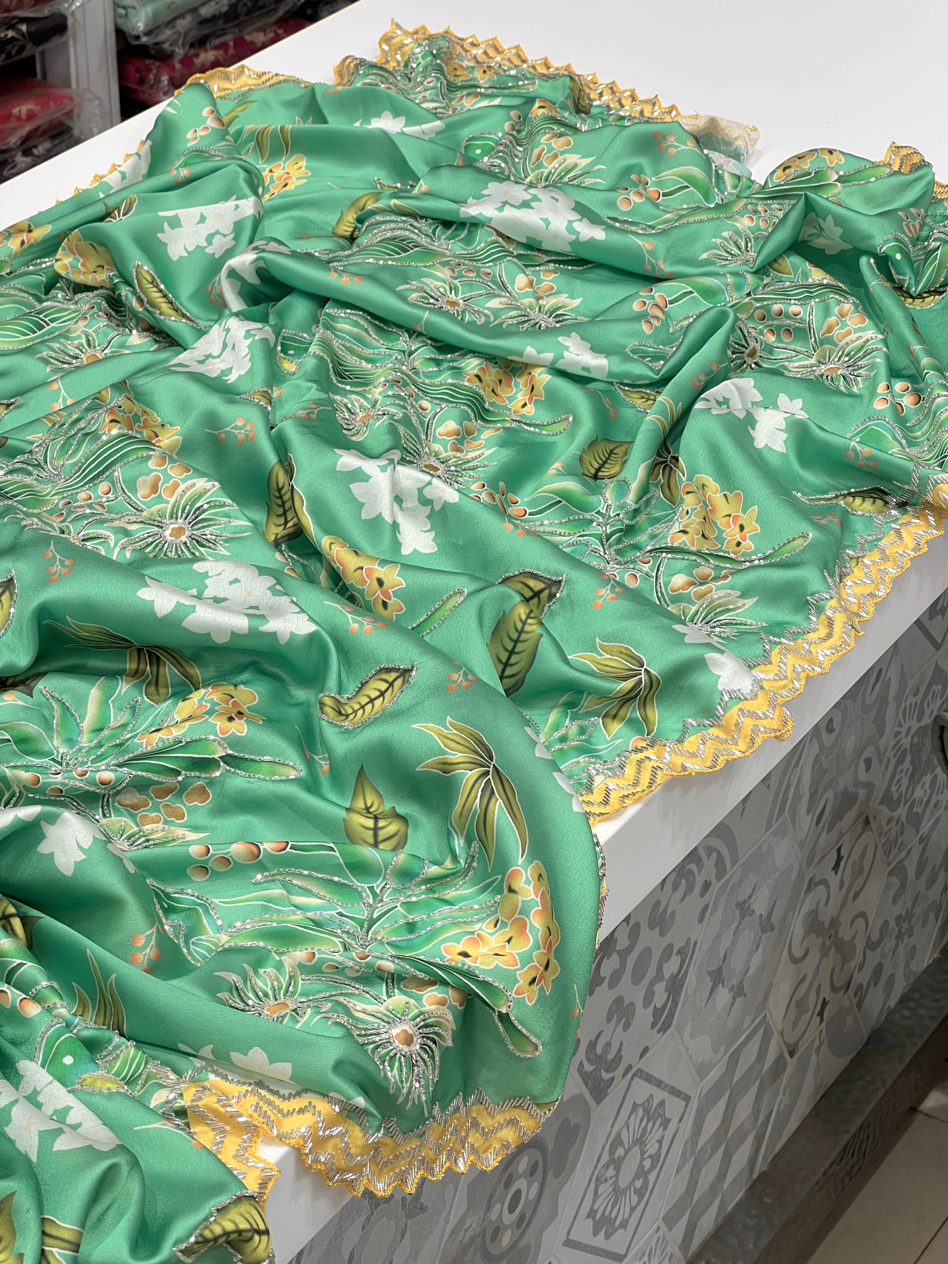 Green Printed Satin Hand Embroidery Saree