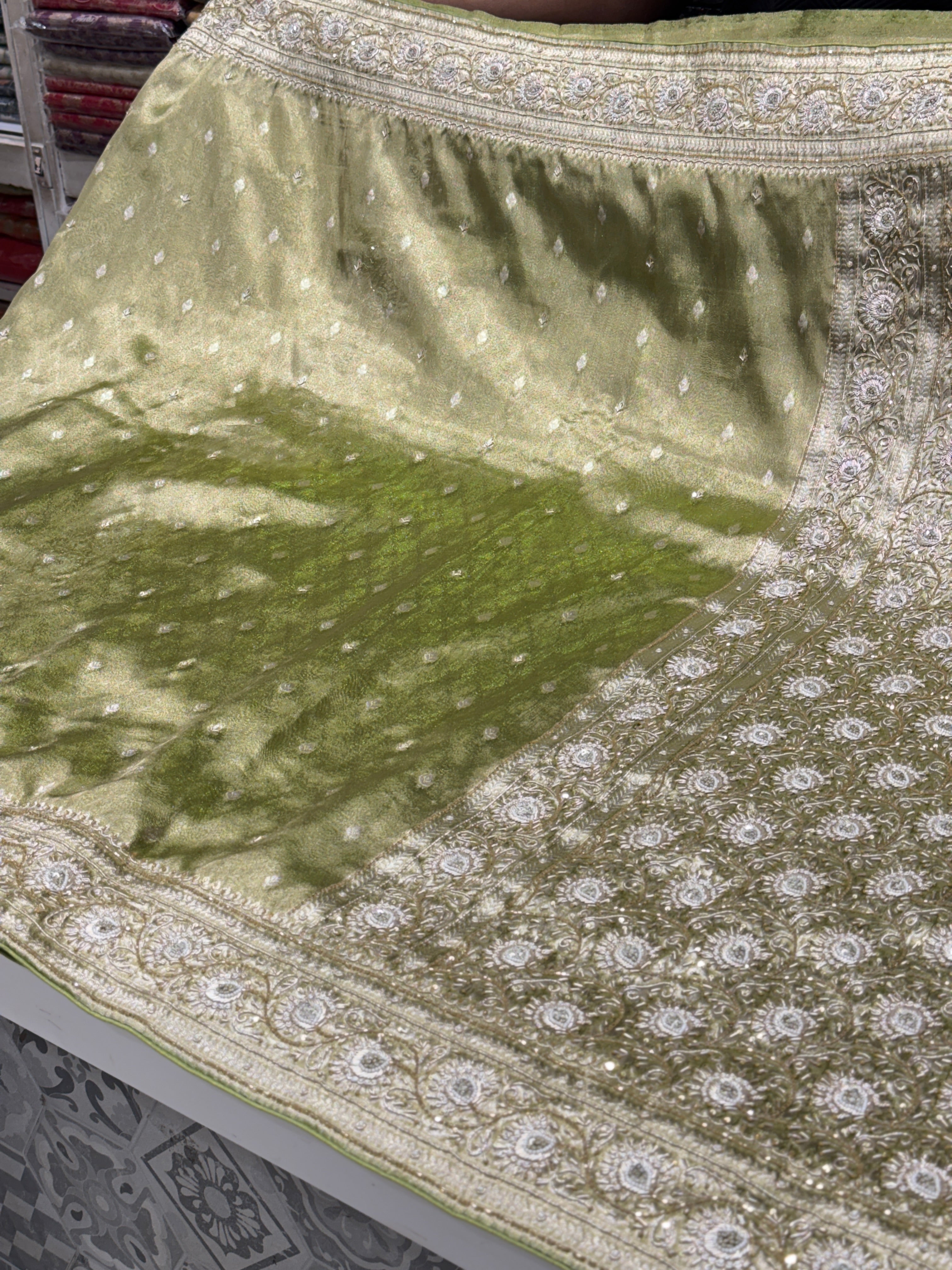 Green Banarasi Tissue Zardosi Embroidery Saree