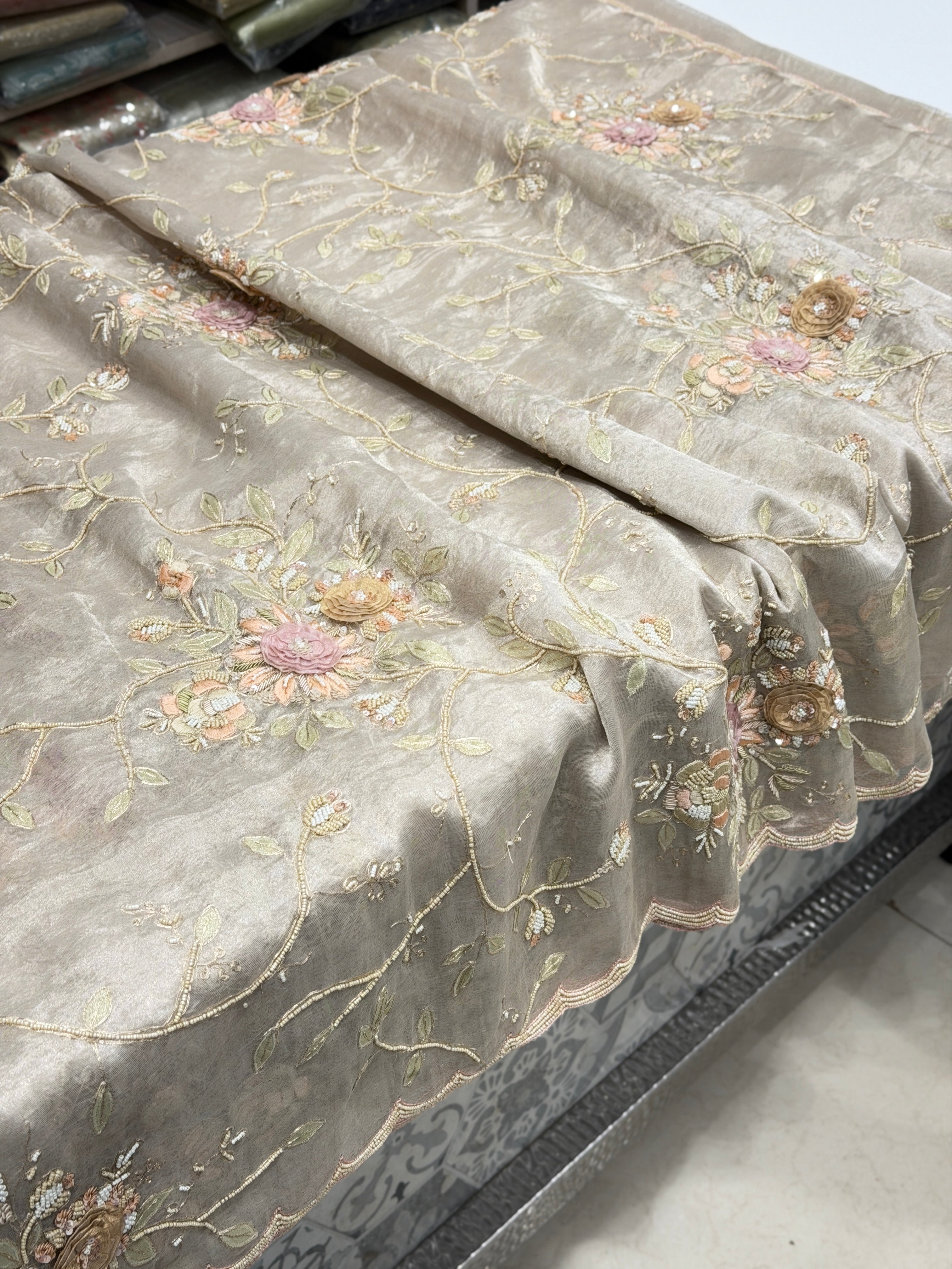 Silver Tissue Three D Zardosi Pita Hand Embroidery Moti Saree