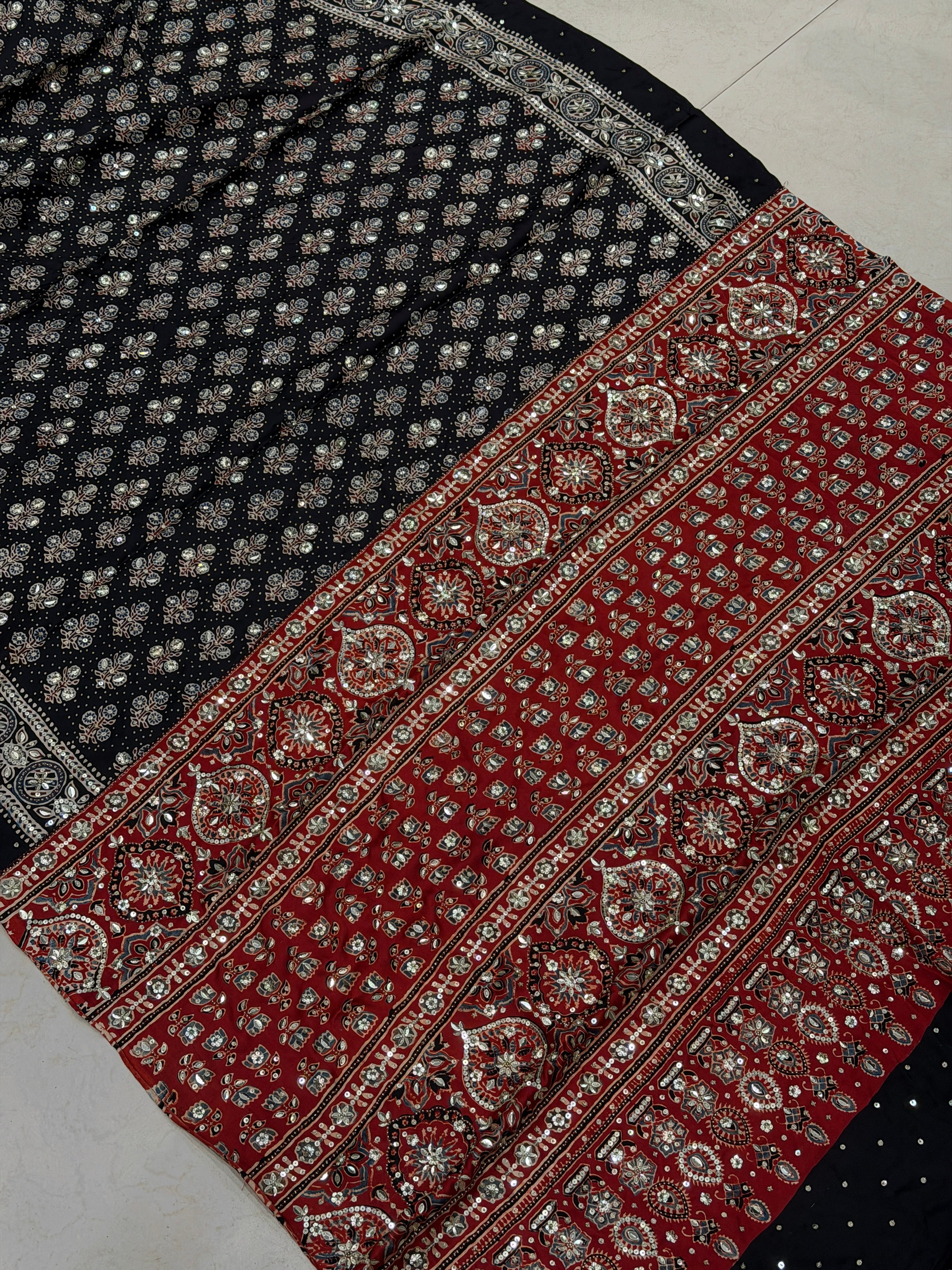 Black Red Butta Jaal Ajrakh Sequin Moti Hand Embroidery Saree