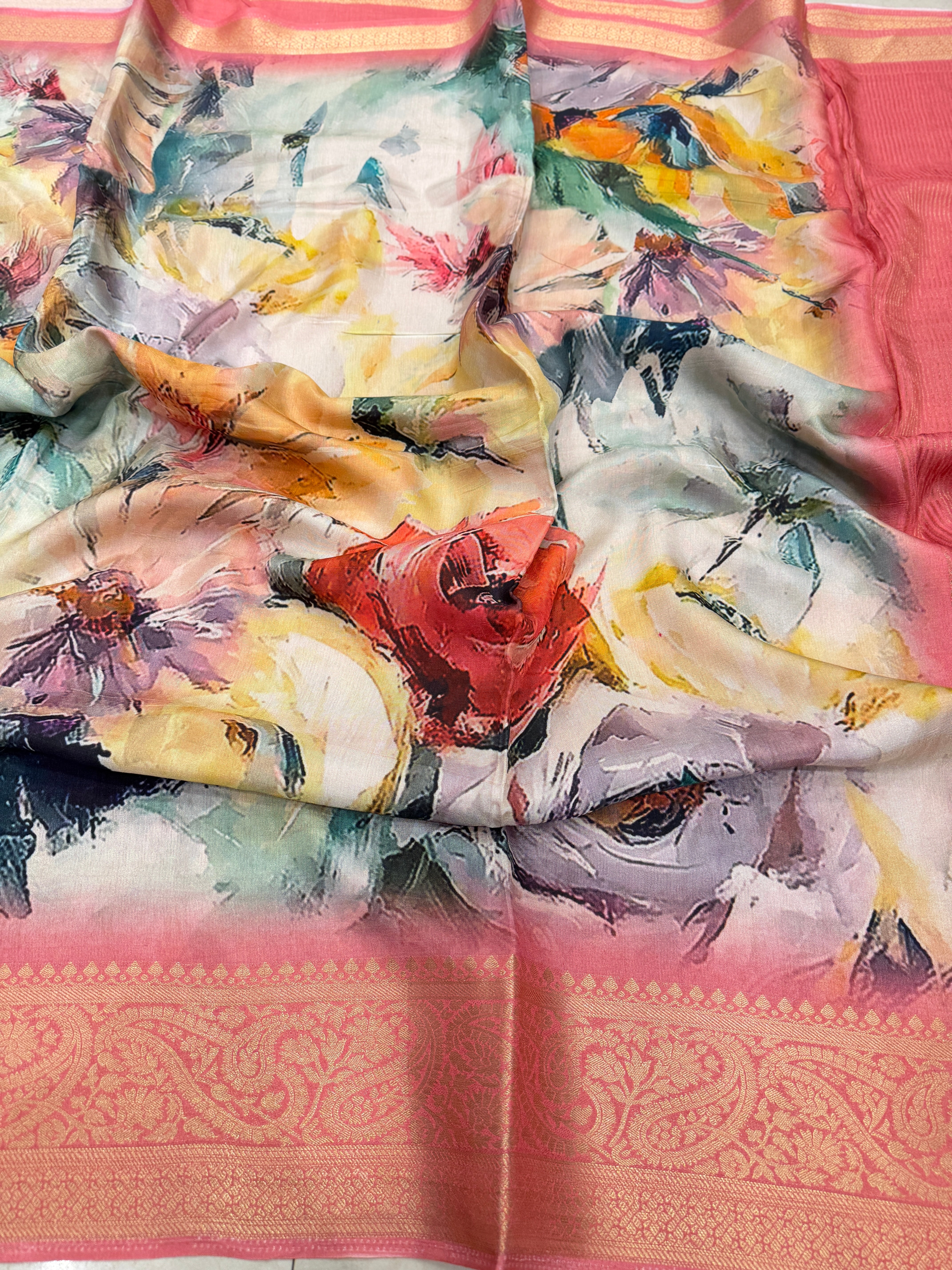 Abstract Multi Colour Print Munga Soft Silk Saree