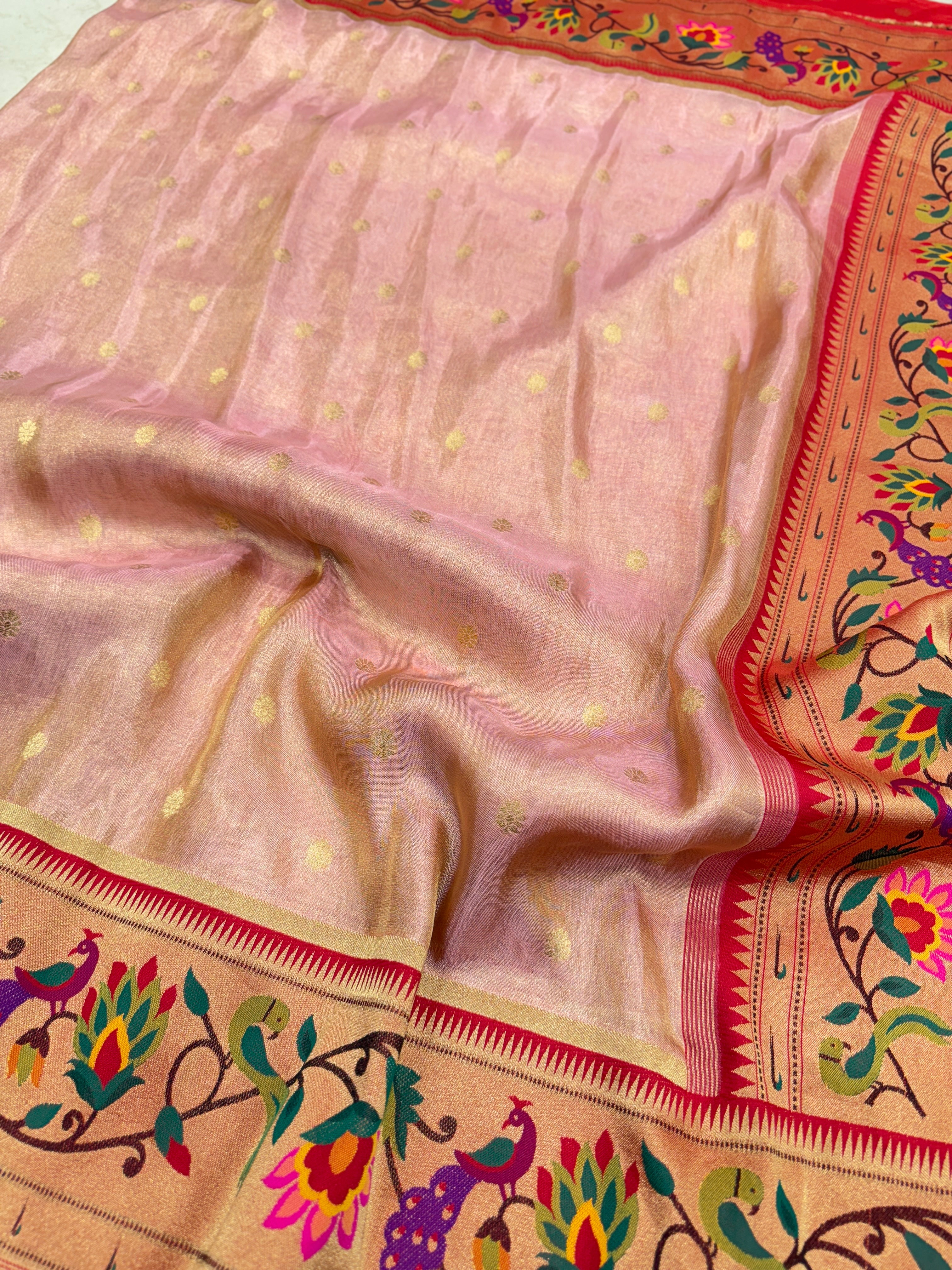 Pink Tissue Paithani Peacock Border Saree