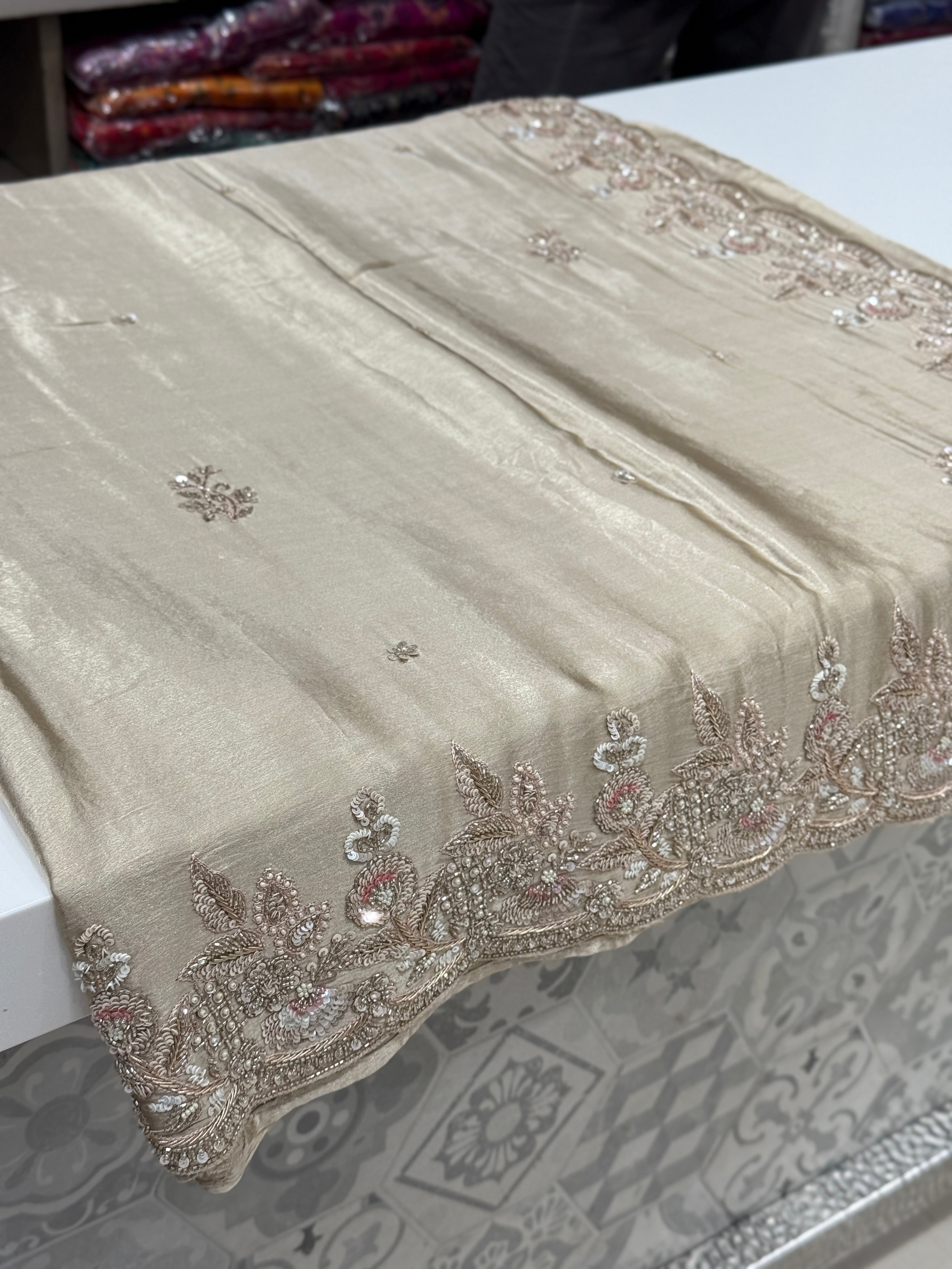 Champagne Satin Hand Embroidery Zardosi Saree