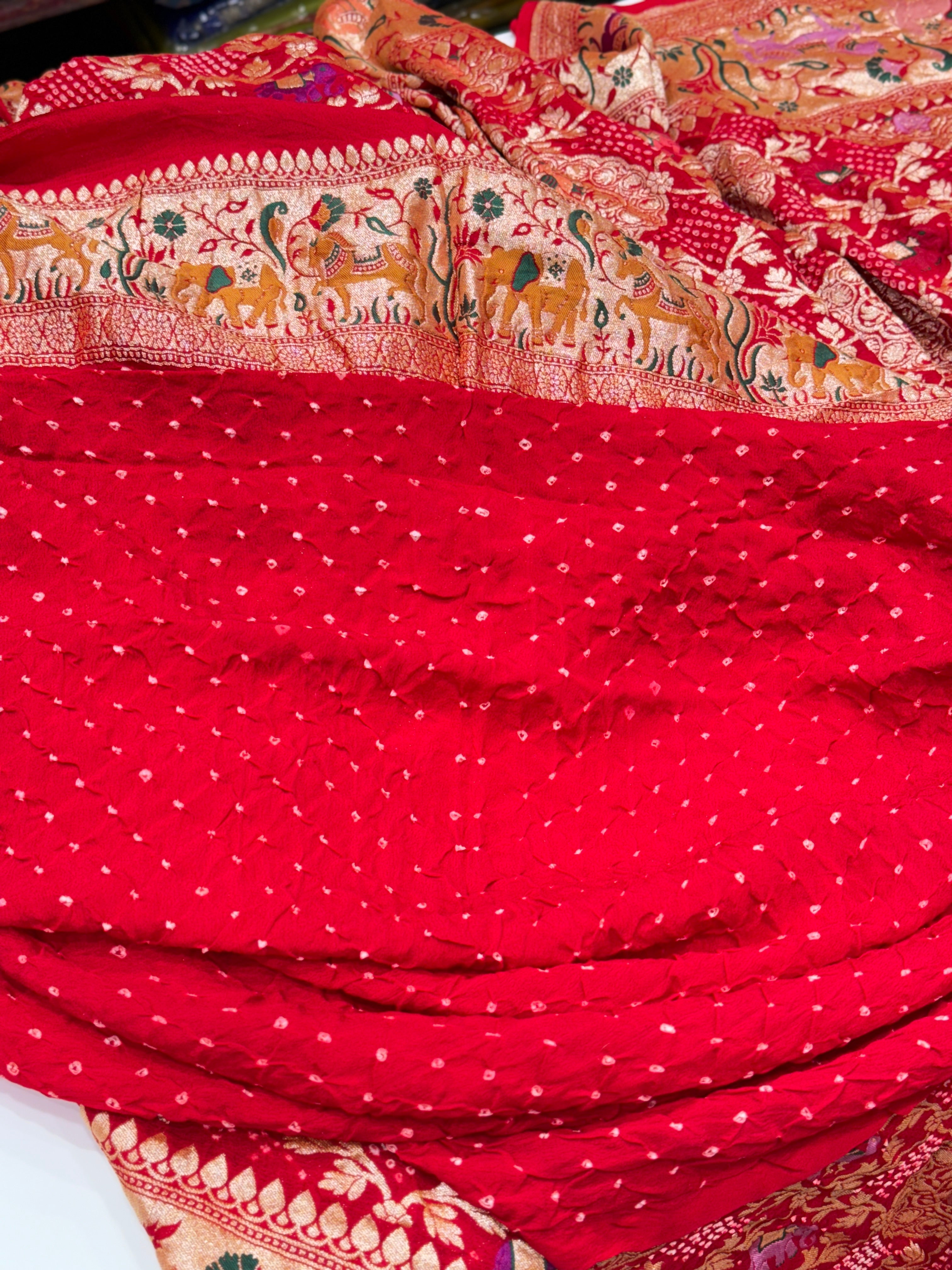 Red Luxury Bandhej Meekari Saree