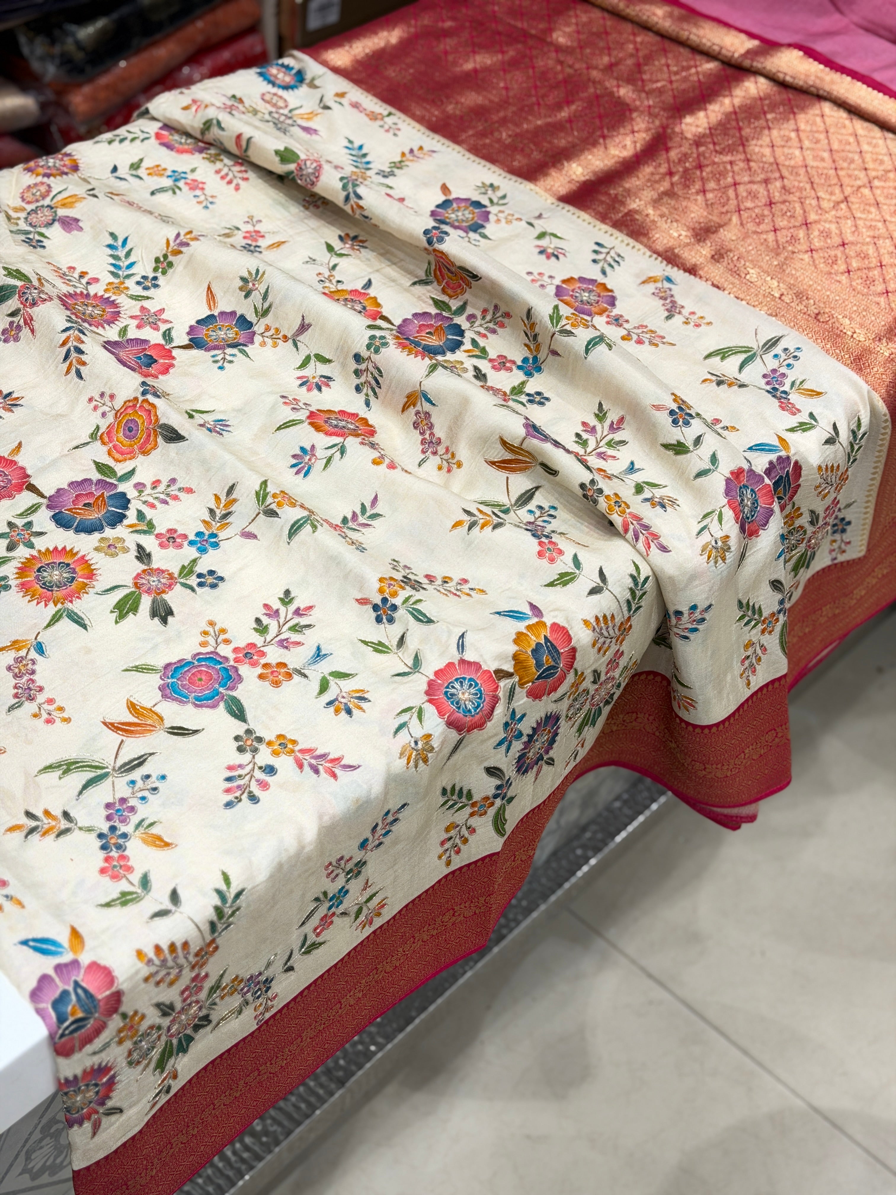 Moti White Banarasi Jaal Munga Silk Saree With Pita Embroidery