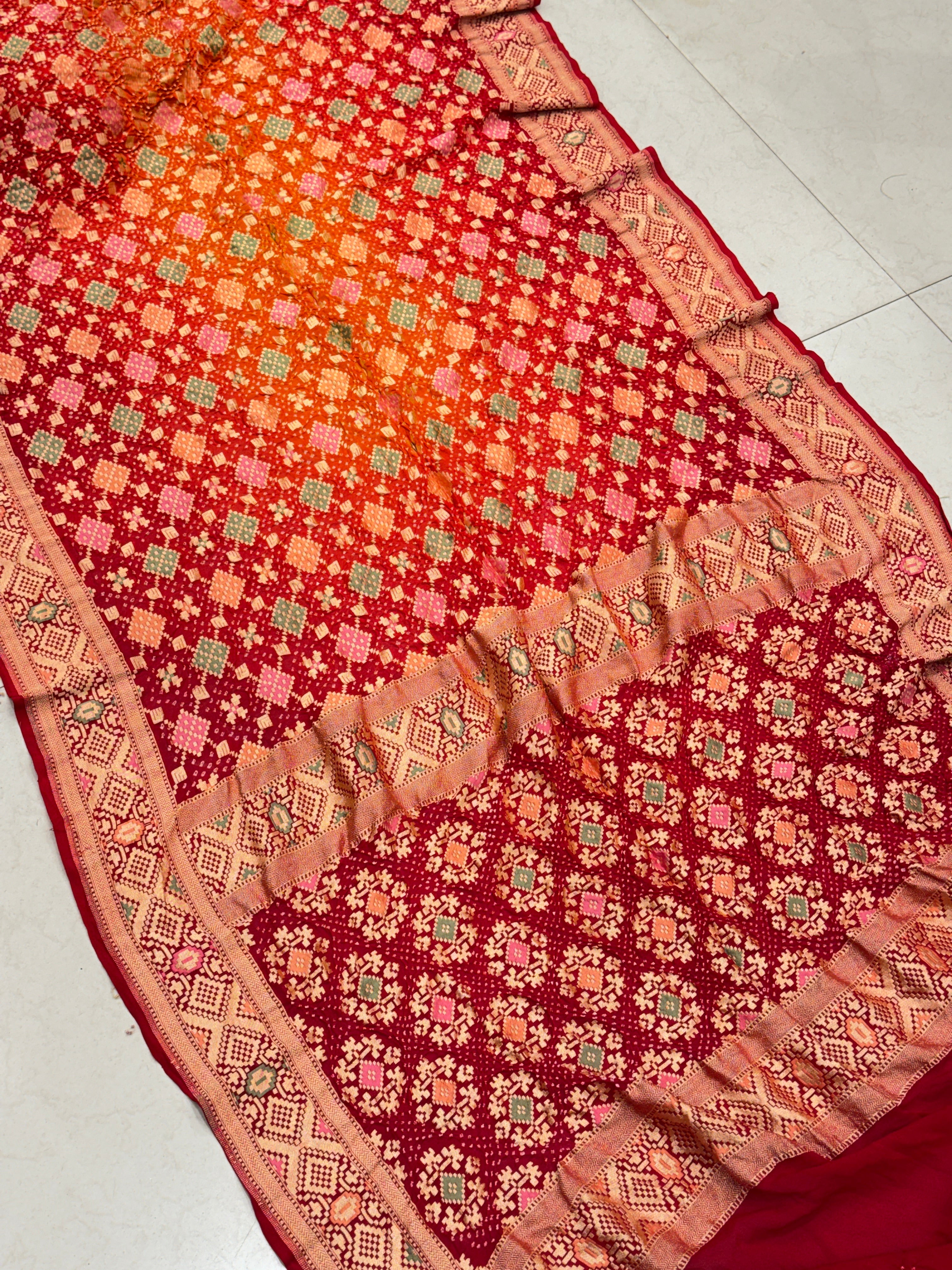 Orange Red Shaded Patola Weave Meenakari Georgette Bandhej Saree