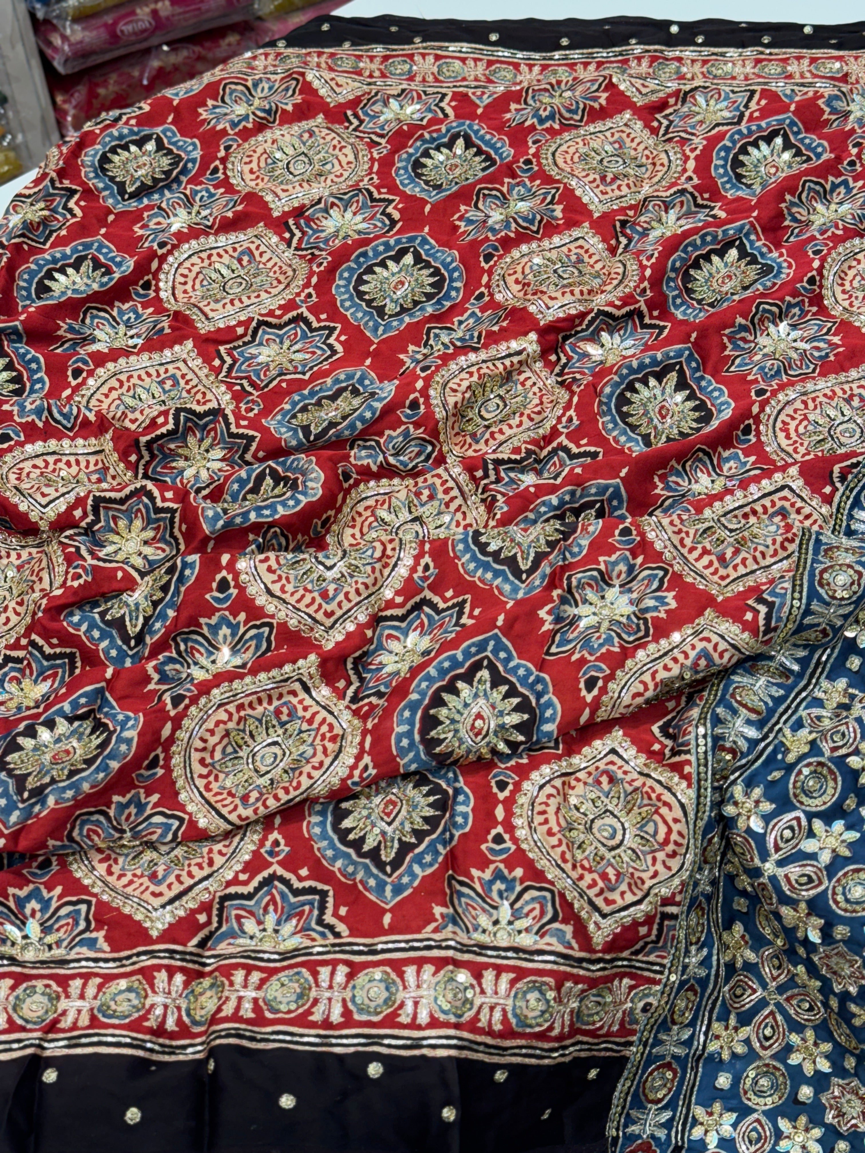 Red Blue Pallu Badam Jaal Ajrakh Hand Embroidery Saree