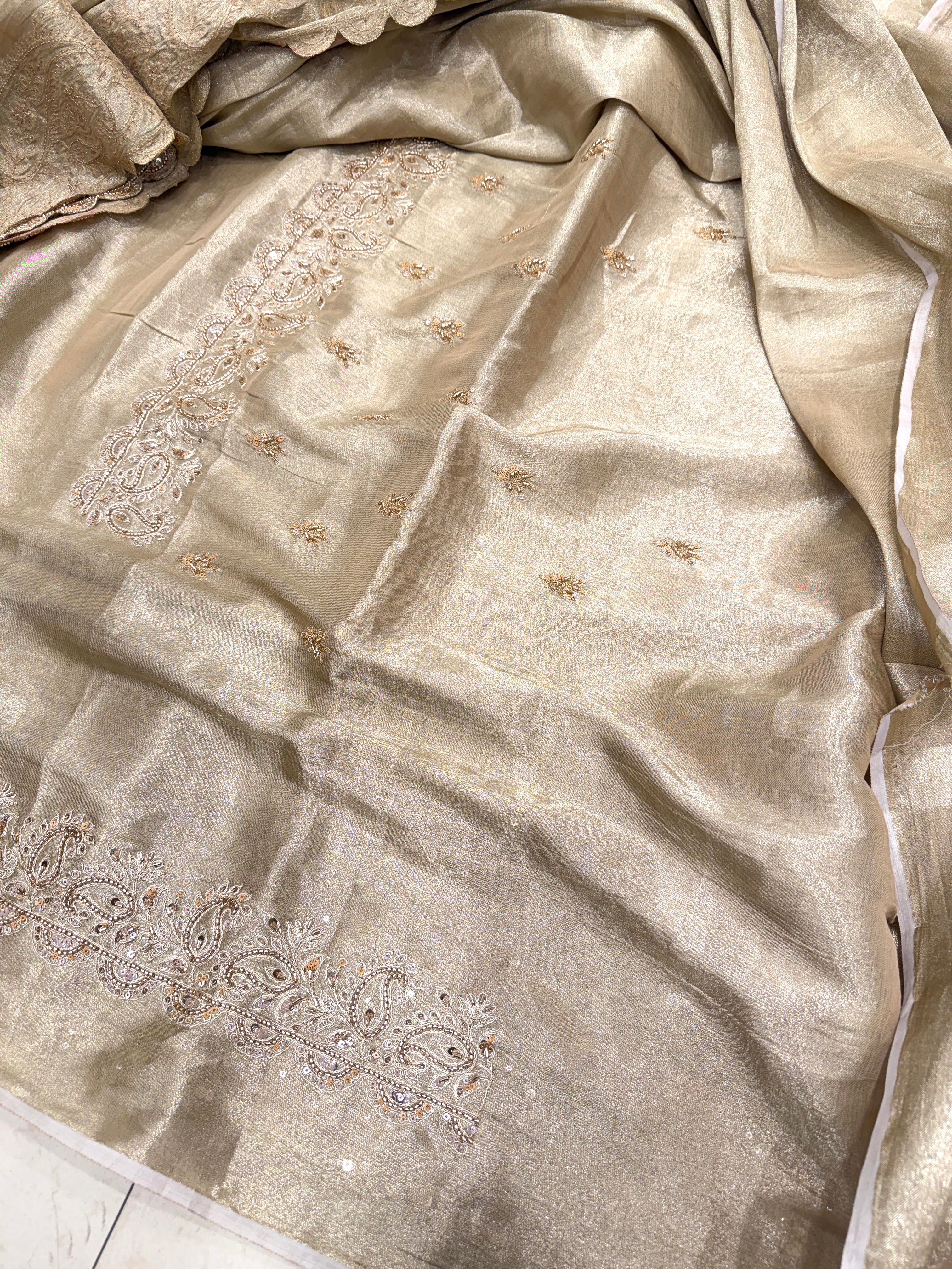 Light Golden Tissue Cutdana Moti Embroidery Saree