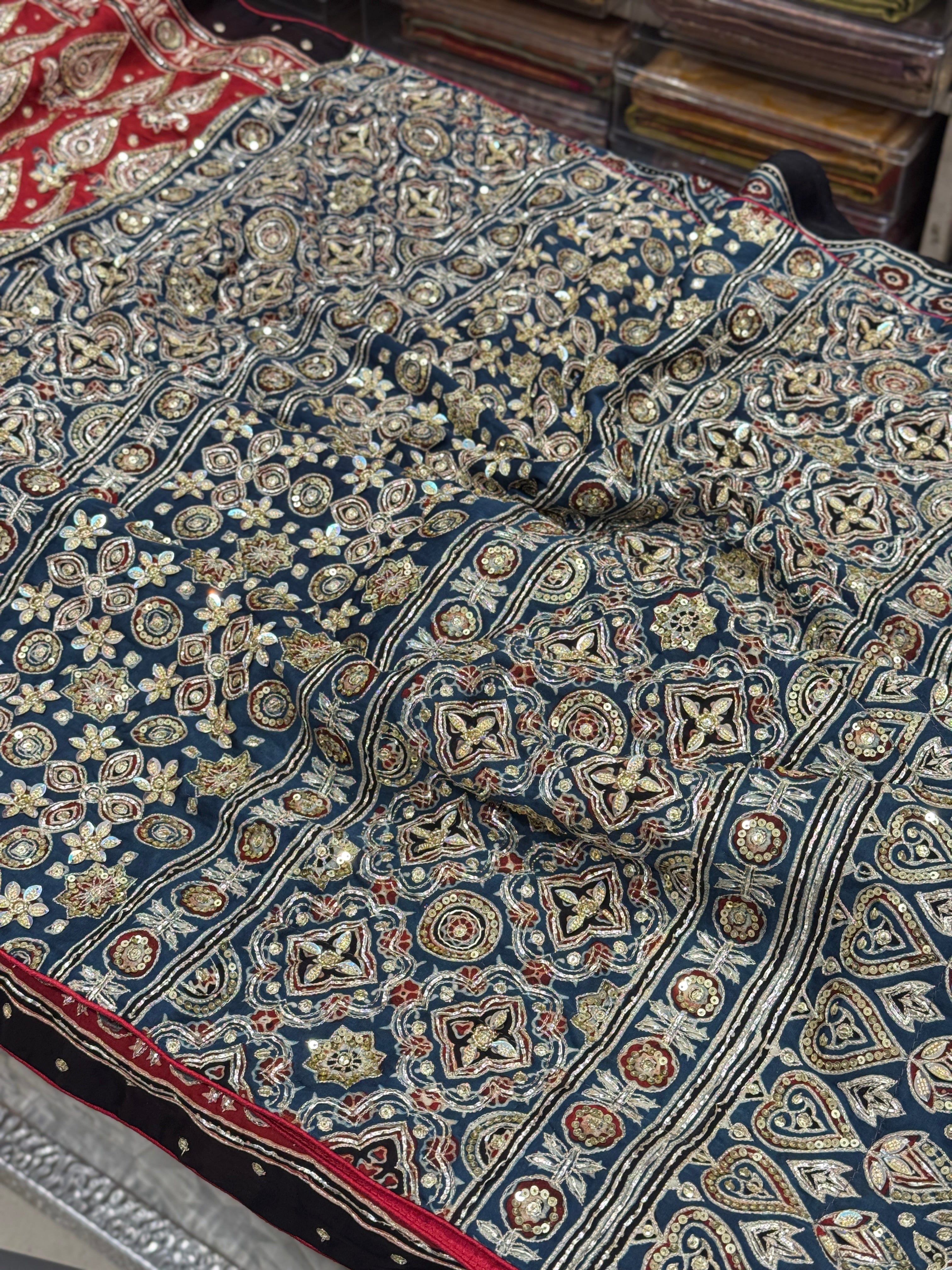 Red Blue Pallu Floral Buttas Ajrakh Hand Embroidery Saree